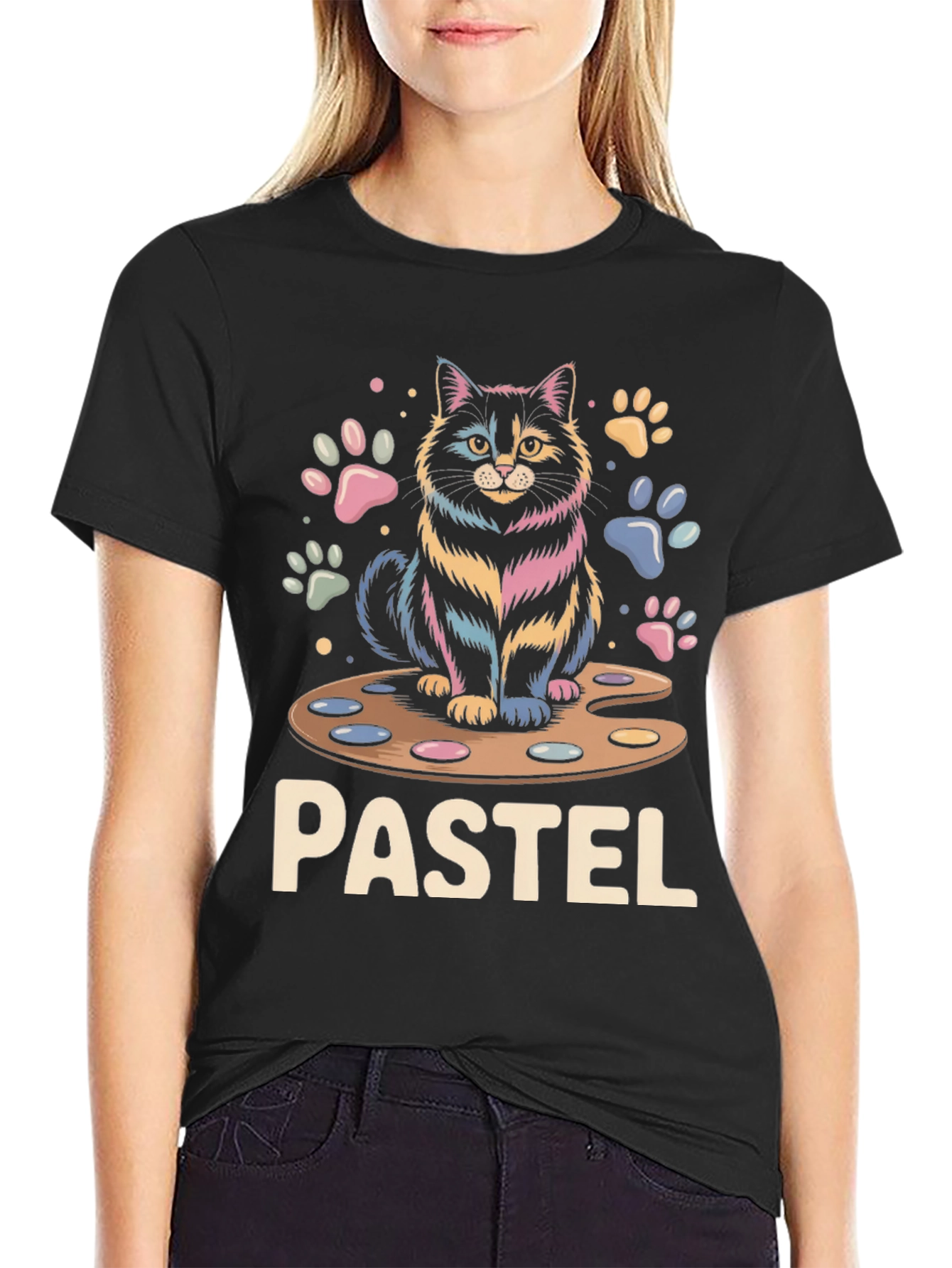 Black Pastel Cat Palette T-Shirt view 2