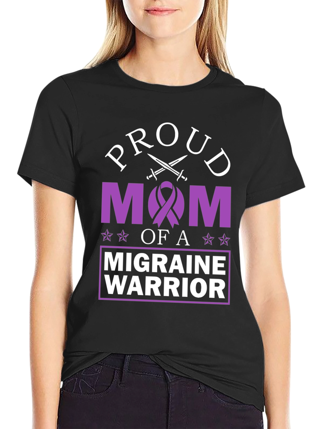 Black Proud Mom of a Migraine Warrior Graphic T-Shirt view 2