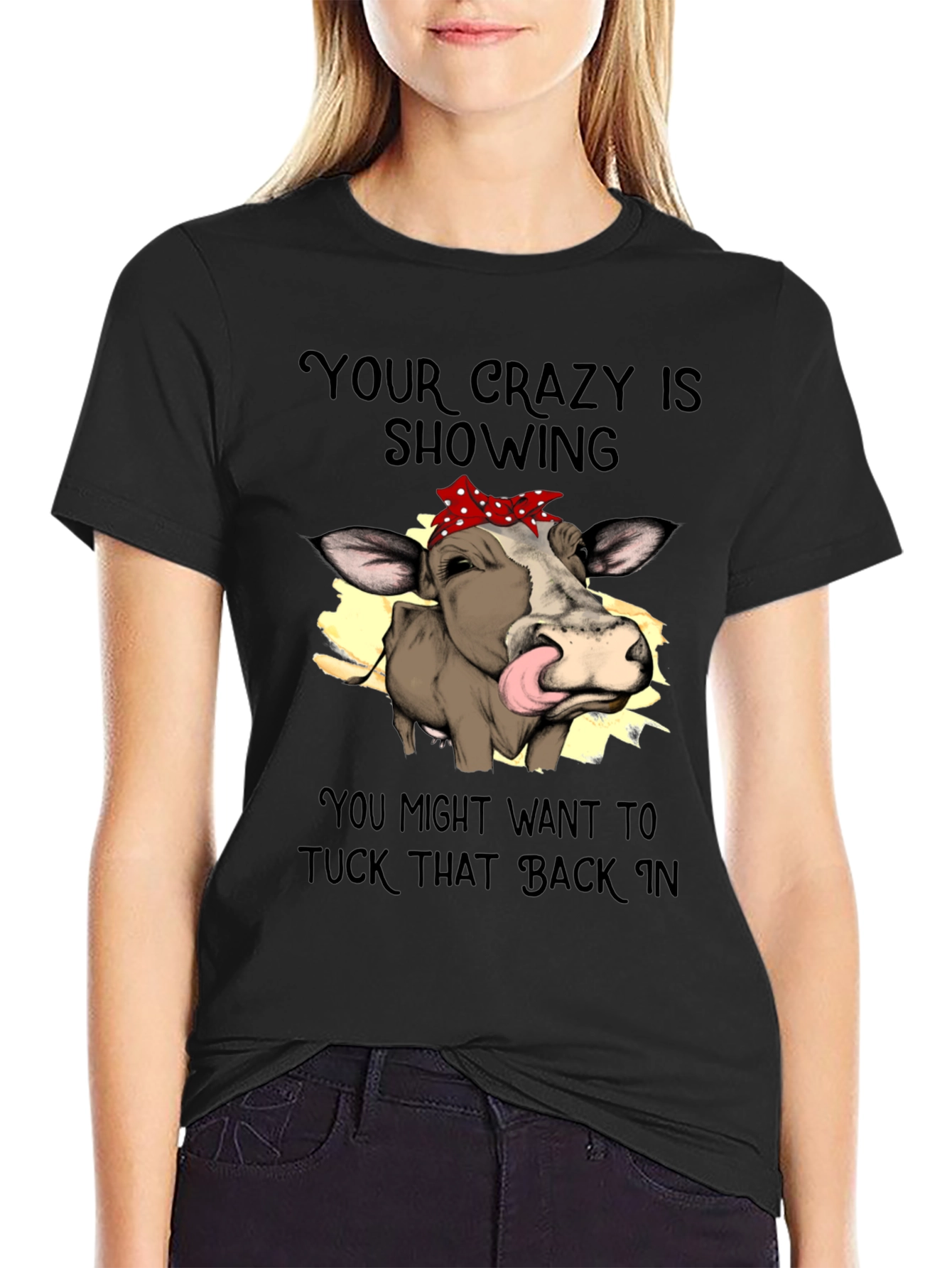Black Crazy Cow Tongue Out T-Shirt view 2