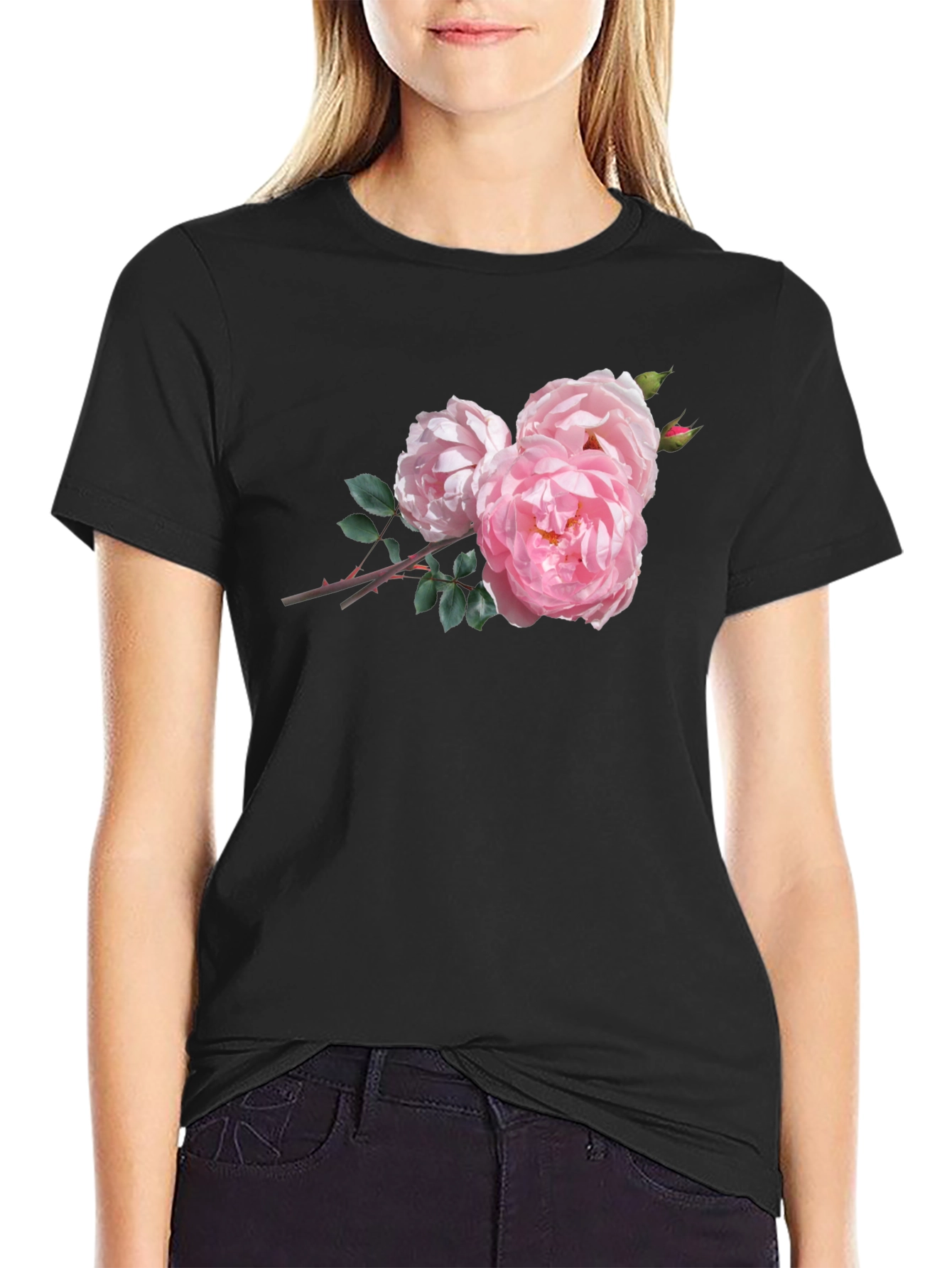 Black Floral Print Crew Neck T-Shirt view 2