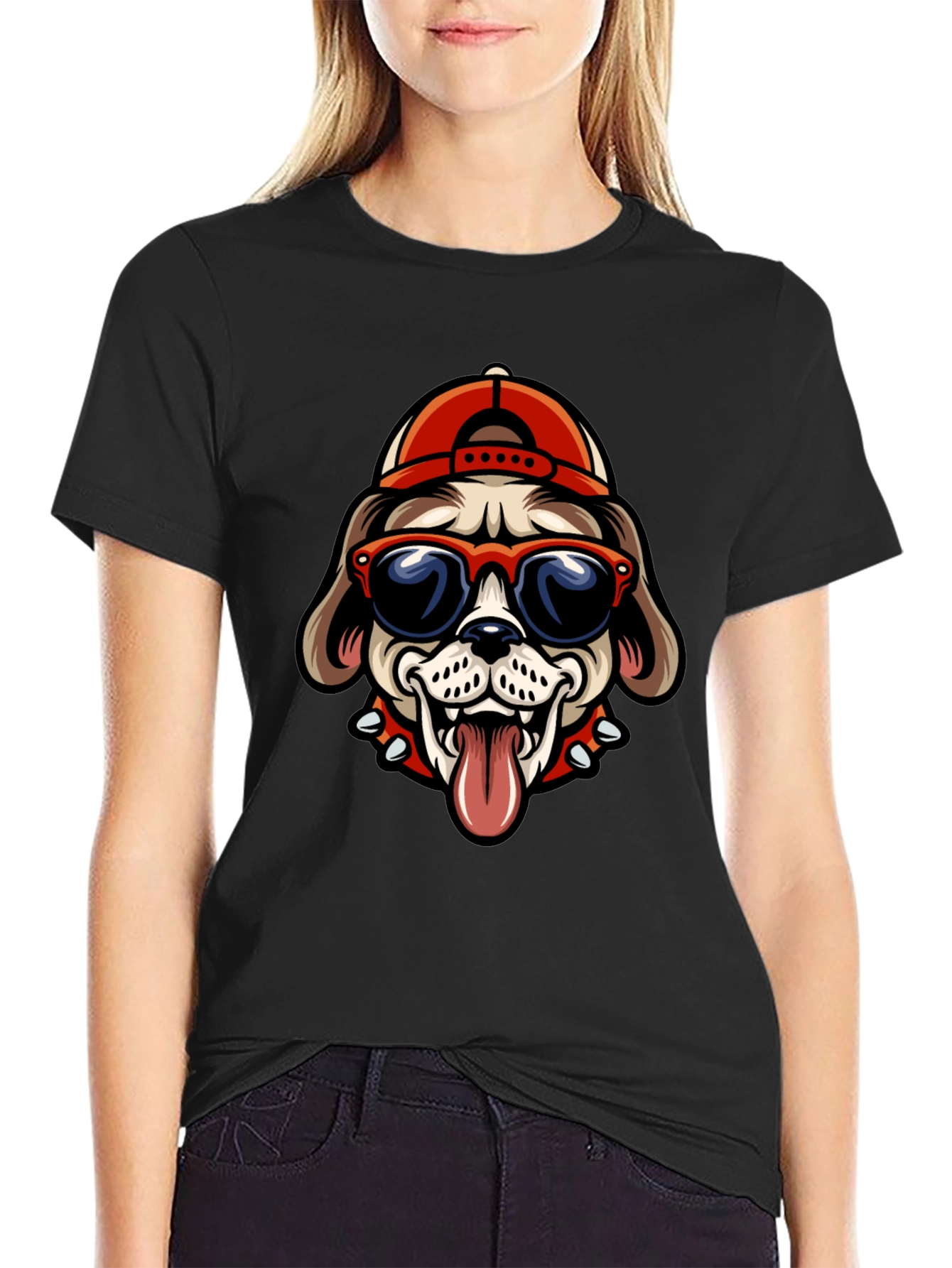 Black Cool Dog Tee: Cartoon Bulldog with Cap & Shades view 2