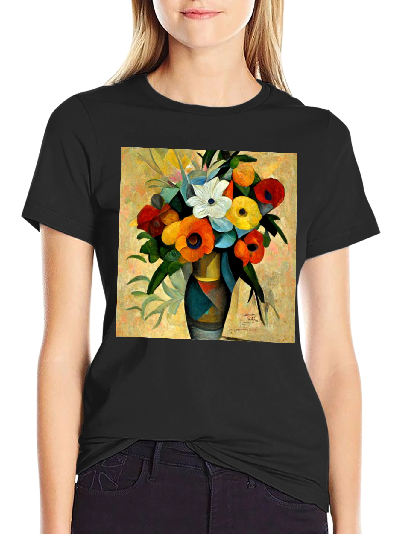 Black Floral Vase Print Black T-Shirt view 2