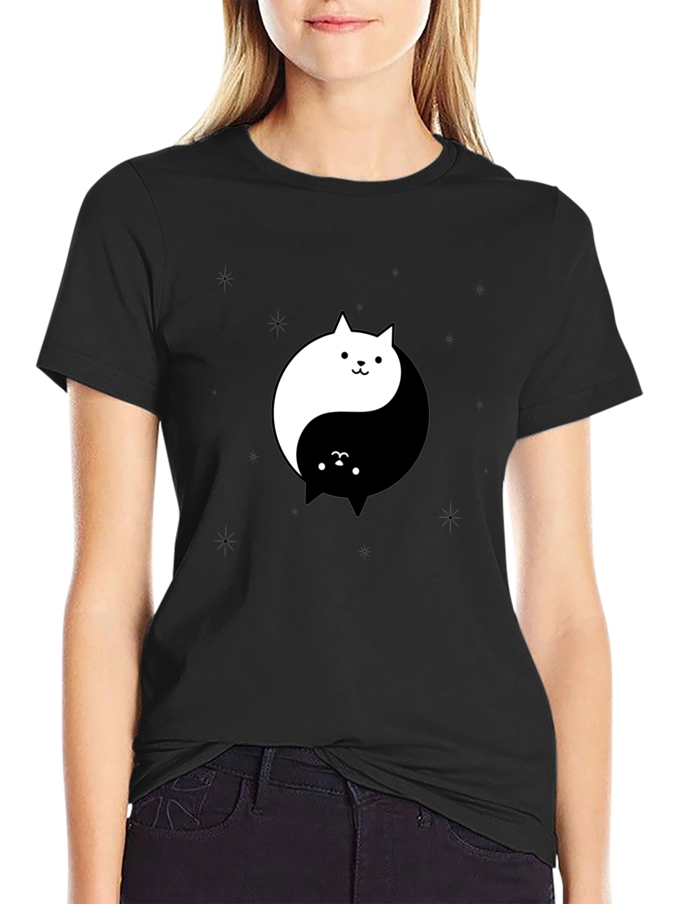 Black Yin Yang Cat Graphic Tee - Black Cotton T-Shirt view 2