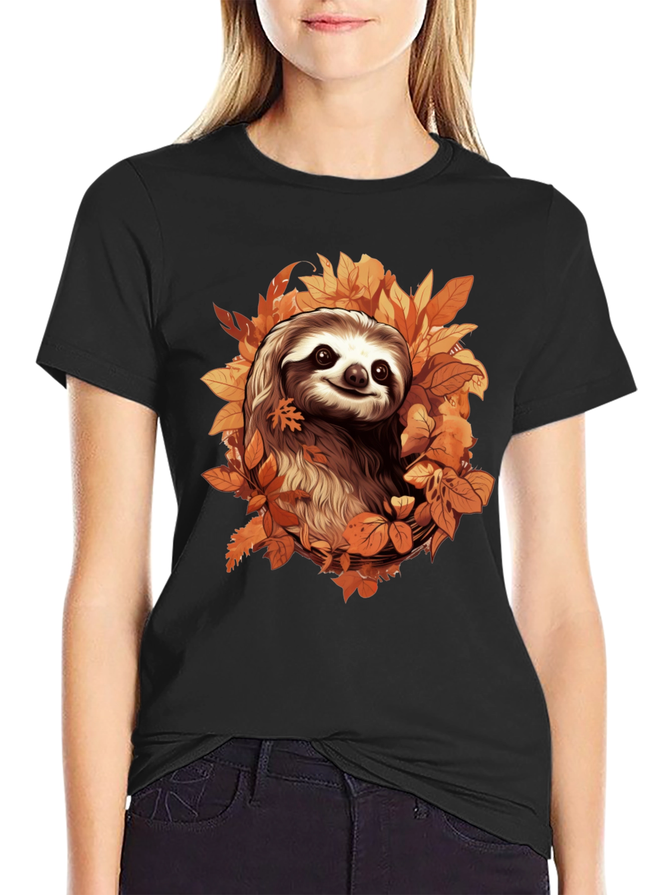 Black Sloth in Autumn Leaves Graphic T-Shirt view 2