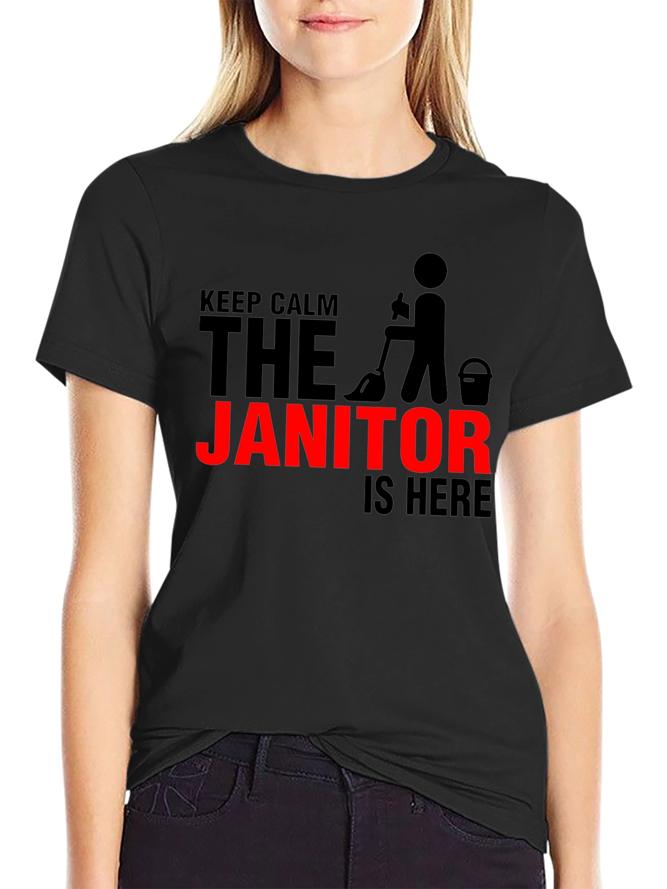 Black Keep Calm Janitor T-Shirt - Funny Cleaning Crew Tee view 2