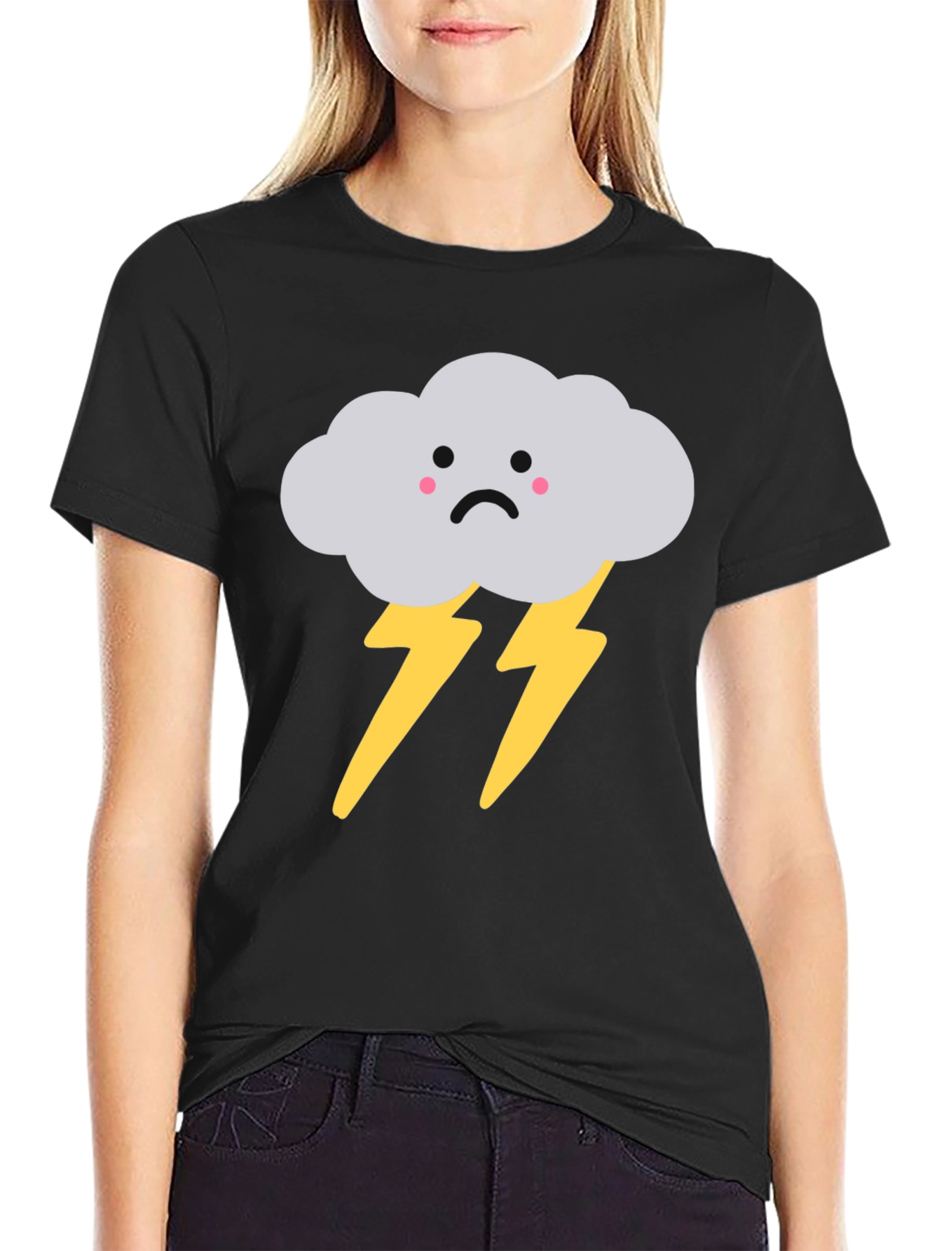 Black Sad Cloud Lightning Bolt Graphic Tee - Black view 2