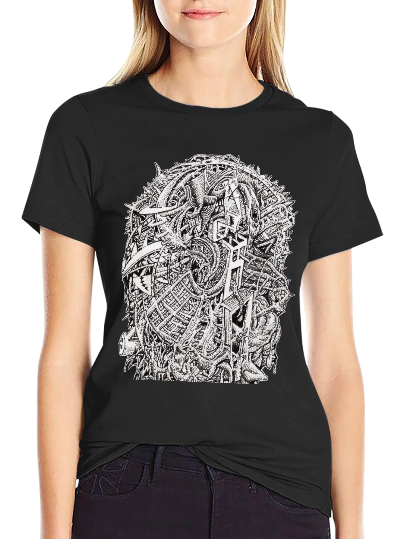 Black Abstract Graphic Tee - Black Crew Neck Cotton T-Shirt view 2