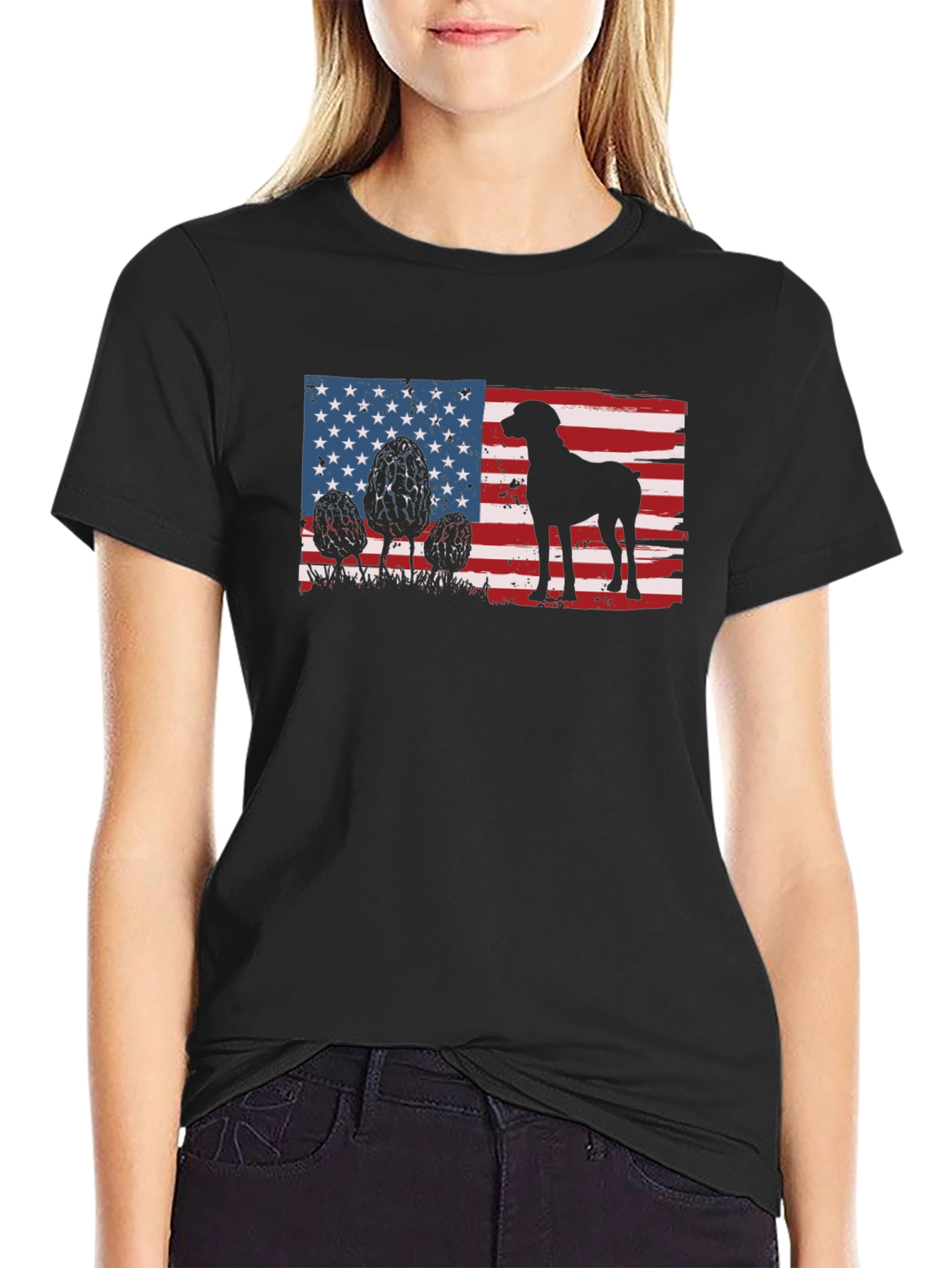 Black American Flag Dog Silhouette T-Shirt view 2