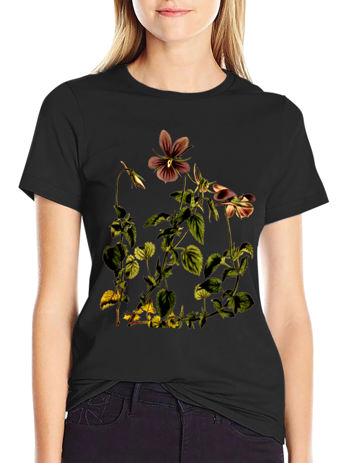 Black Botanical Flower Graphic Print T-Shirt view 2