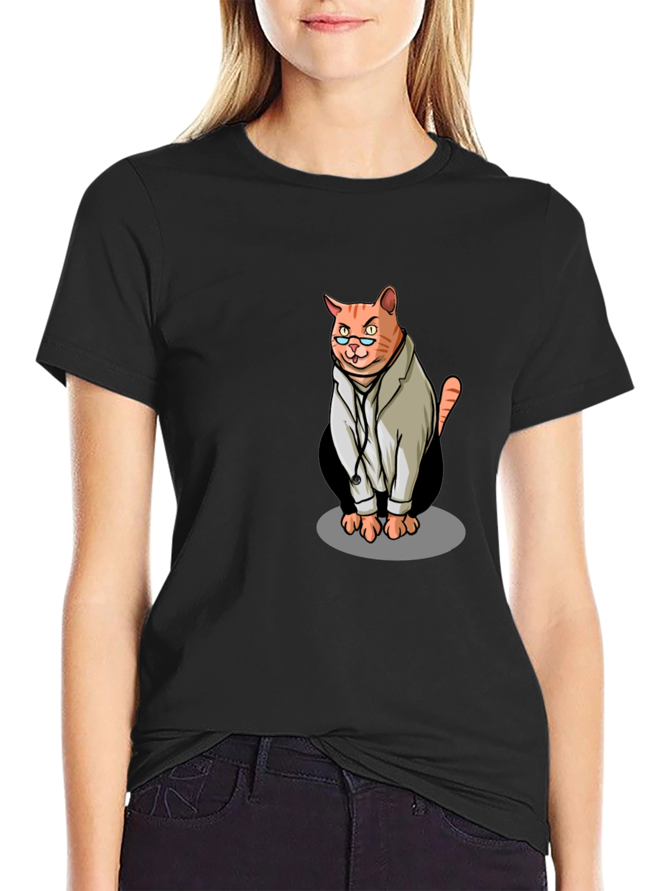 Black Doctor Cat Graphic Tee - Unisex Black T-Shirt view 2
