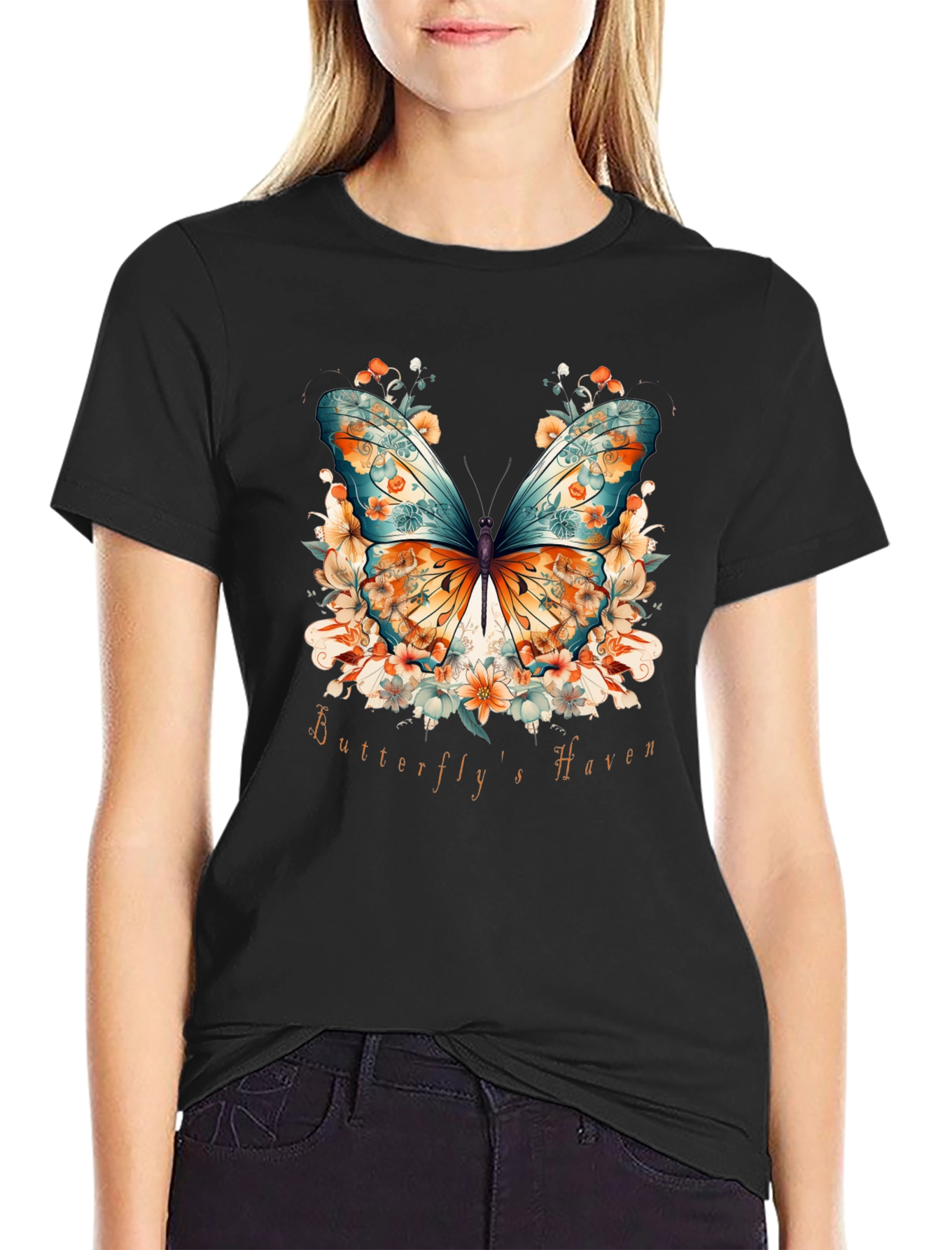 Black Butterfly Haven Graphic Tee - Stylish Nature Design view 2