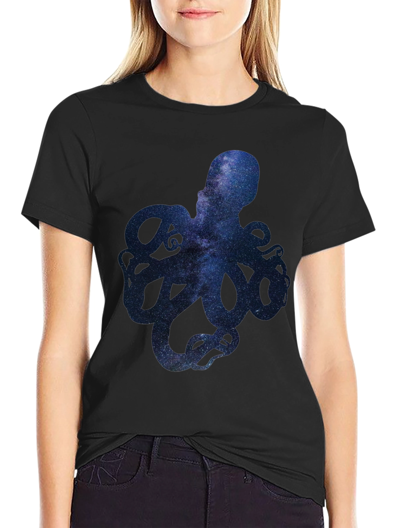 Black Galaxy Octopus Graphic Print Men's T-Shirt view 2