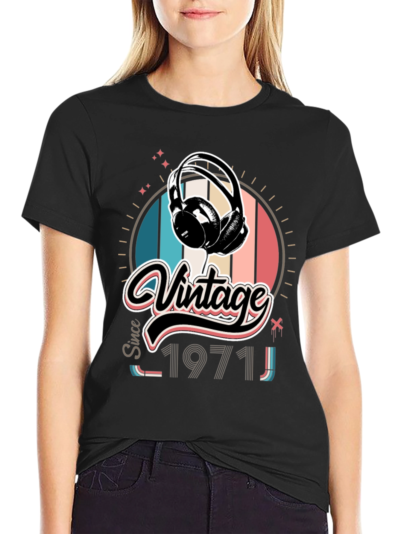 Black Vintage Since 1971 Headphones Graphic T-Shirt view 2