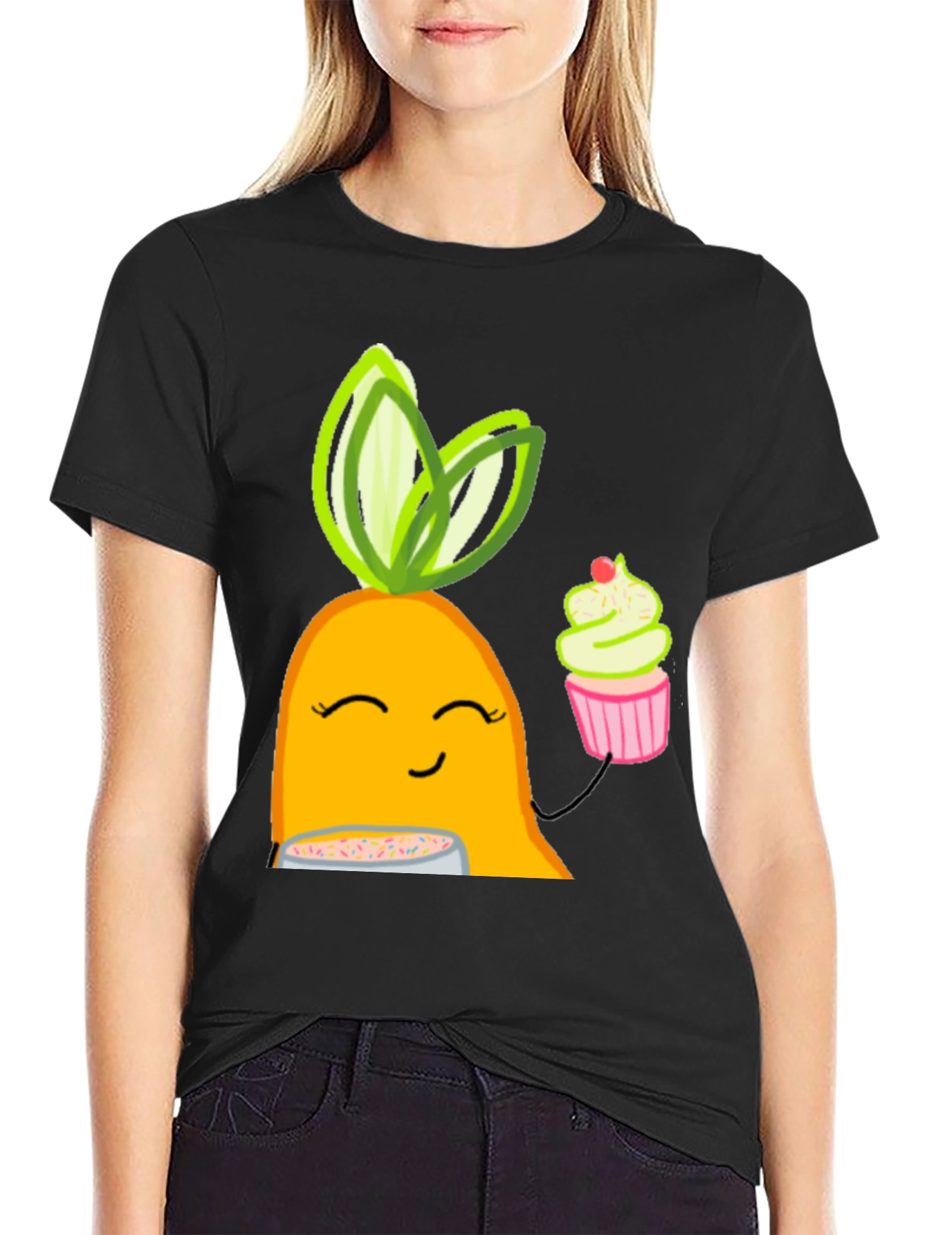 Black Cute Cartoon Carrot T-Shirt view 2