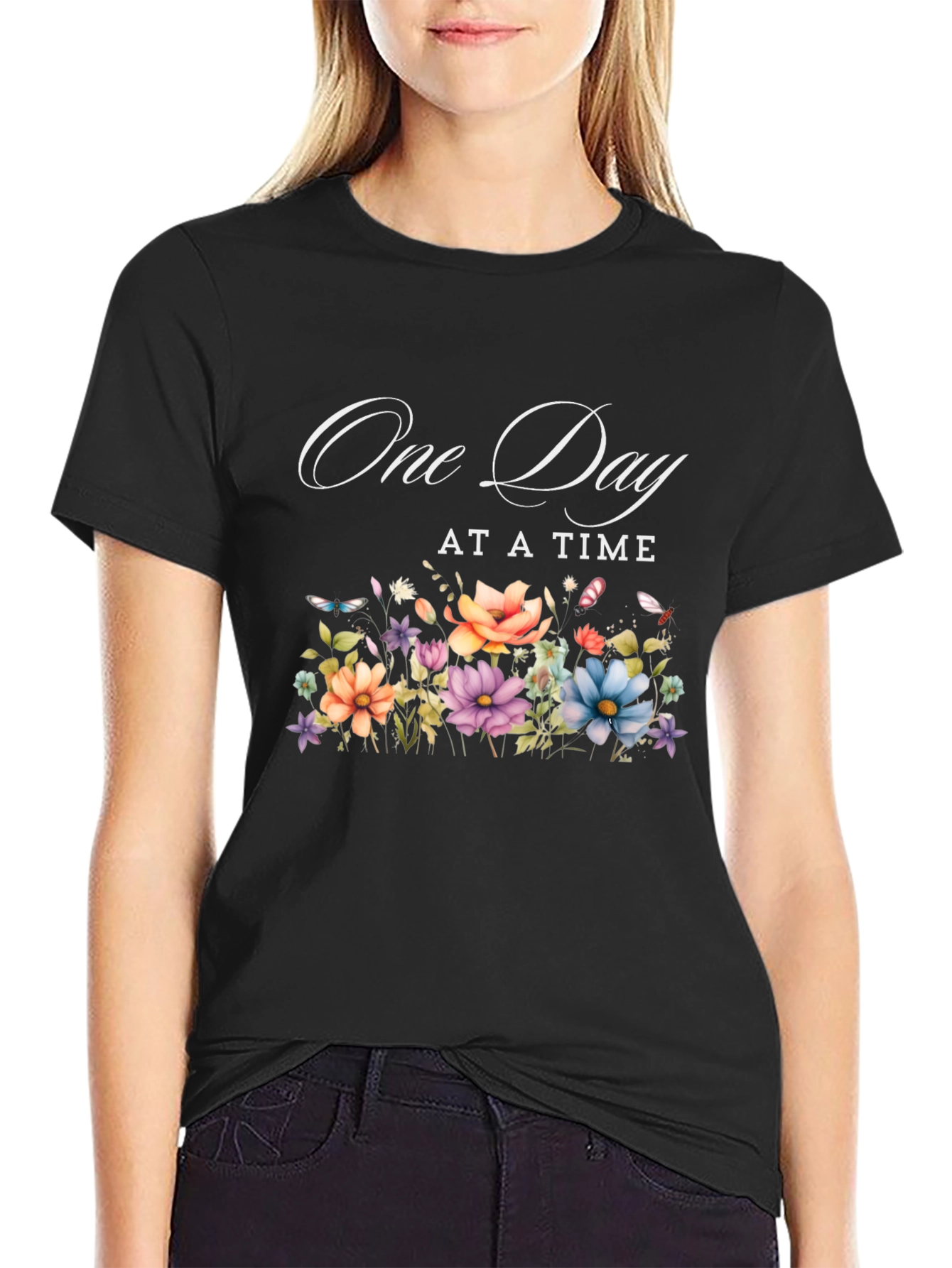 Black One Day At A Time Floral T-Shirt view 2