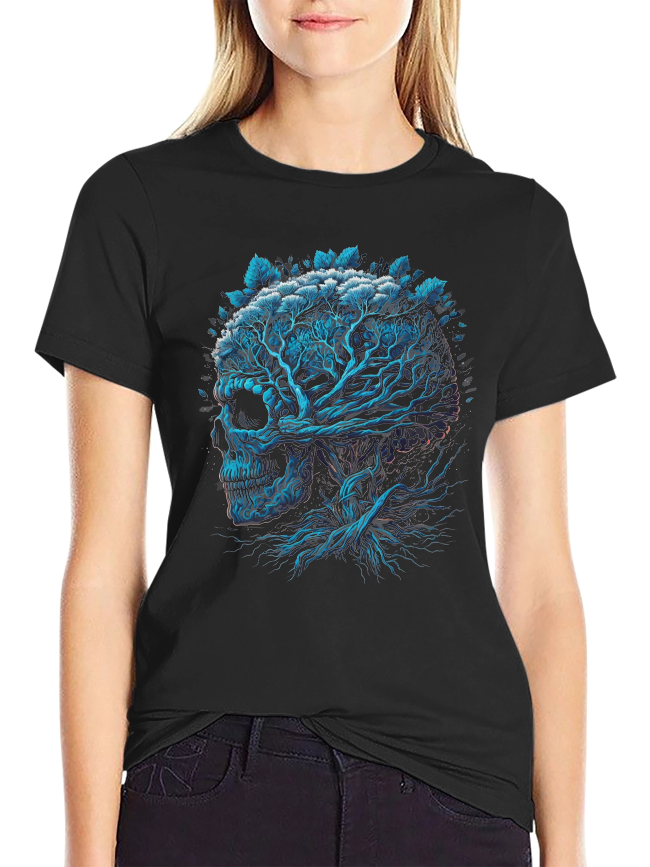 Black Skull Tree Graphic Print Black T-Shirt view 2