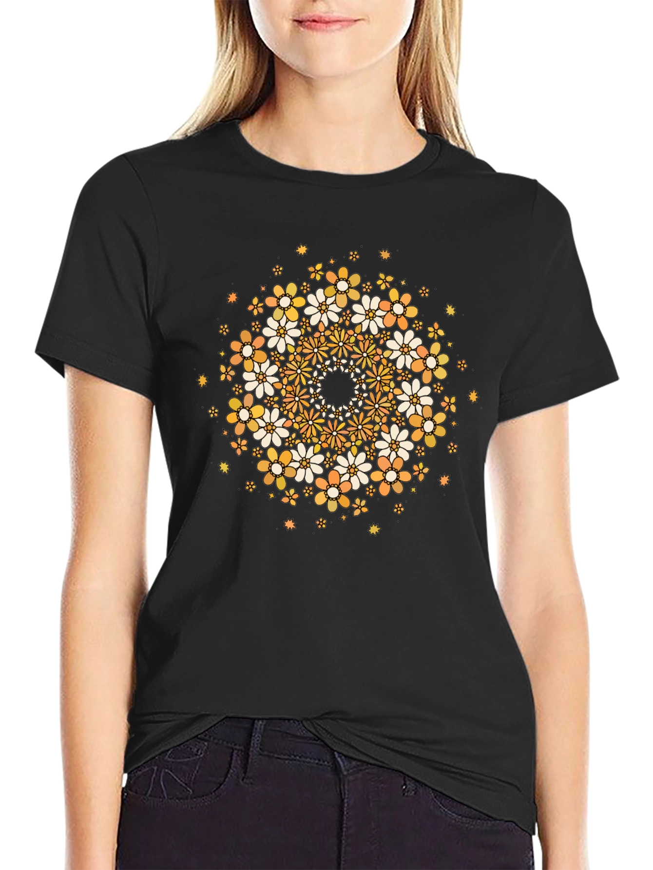Black Floral Mandala Graphic Tee - Black view 2