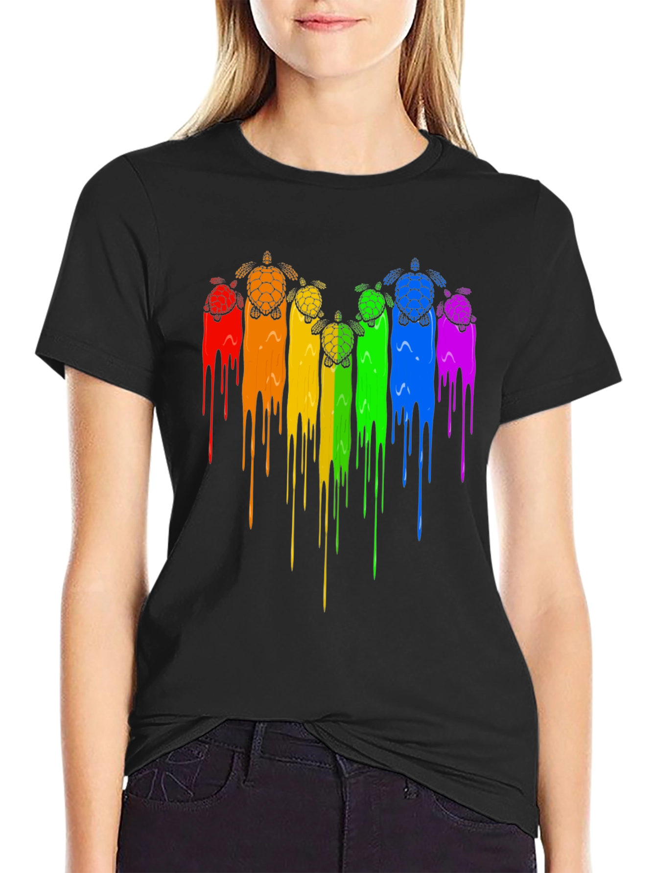 Black Rainbow Turtle Drip Graphic Tee - Black view 2