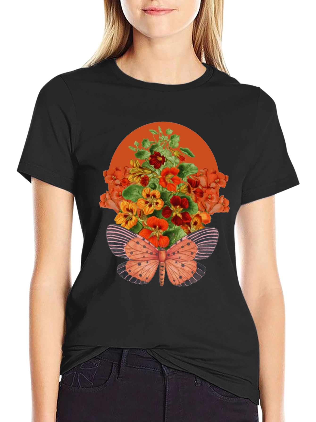 Black Floral Butterfly Graphic Tee - Stylish Unisex T-Shirt view 2