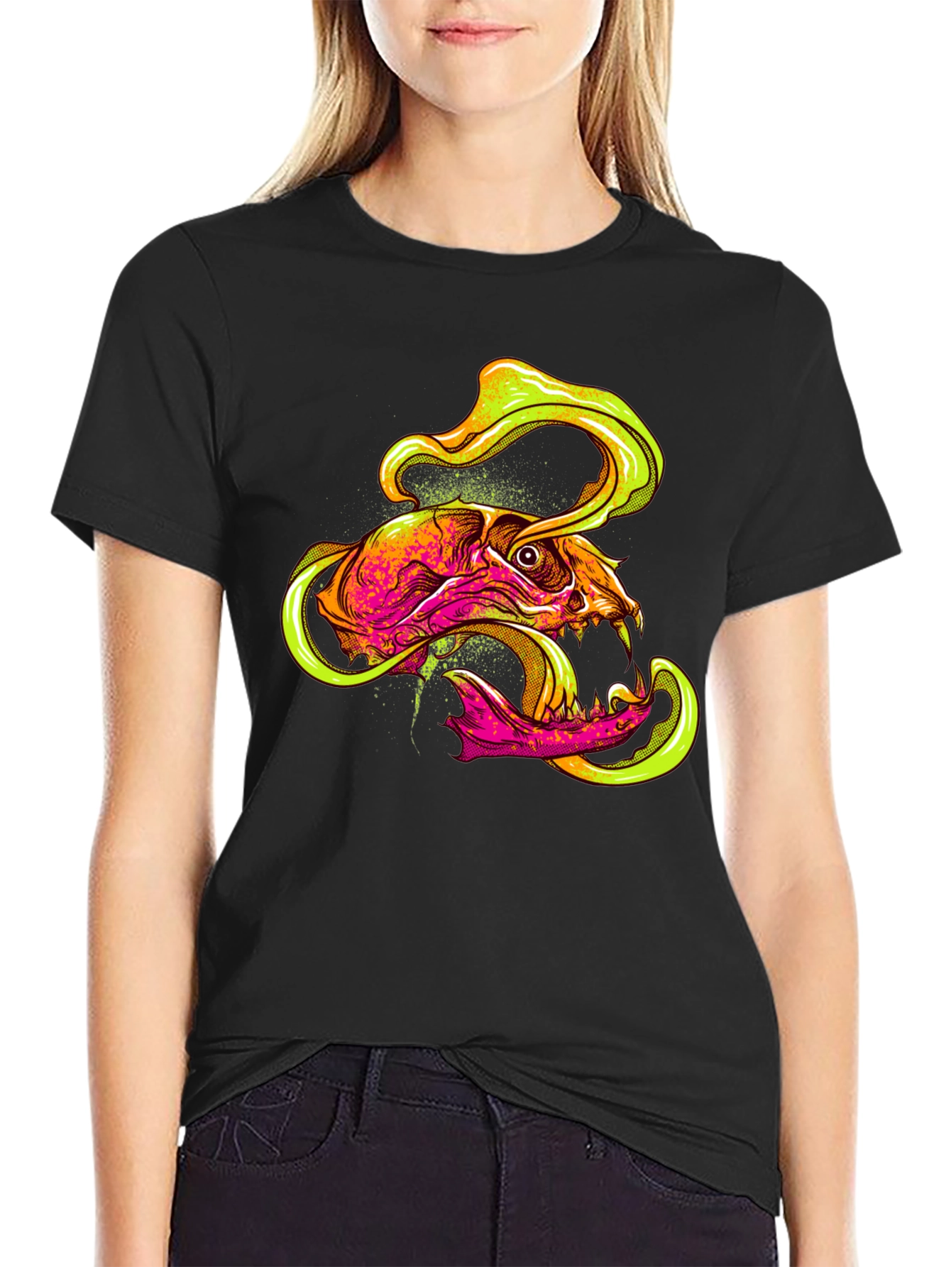 Black Skull Graphic Print T-Shirt - Vivid Neon Design view 2