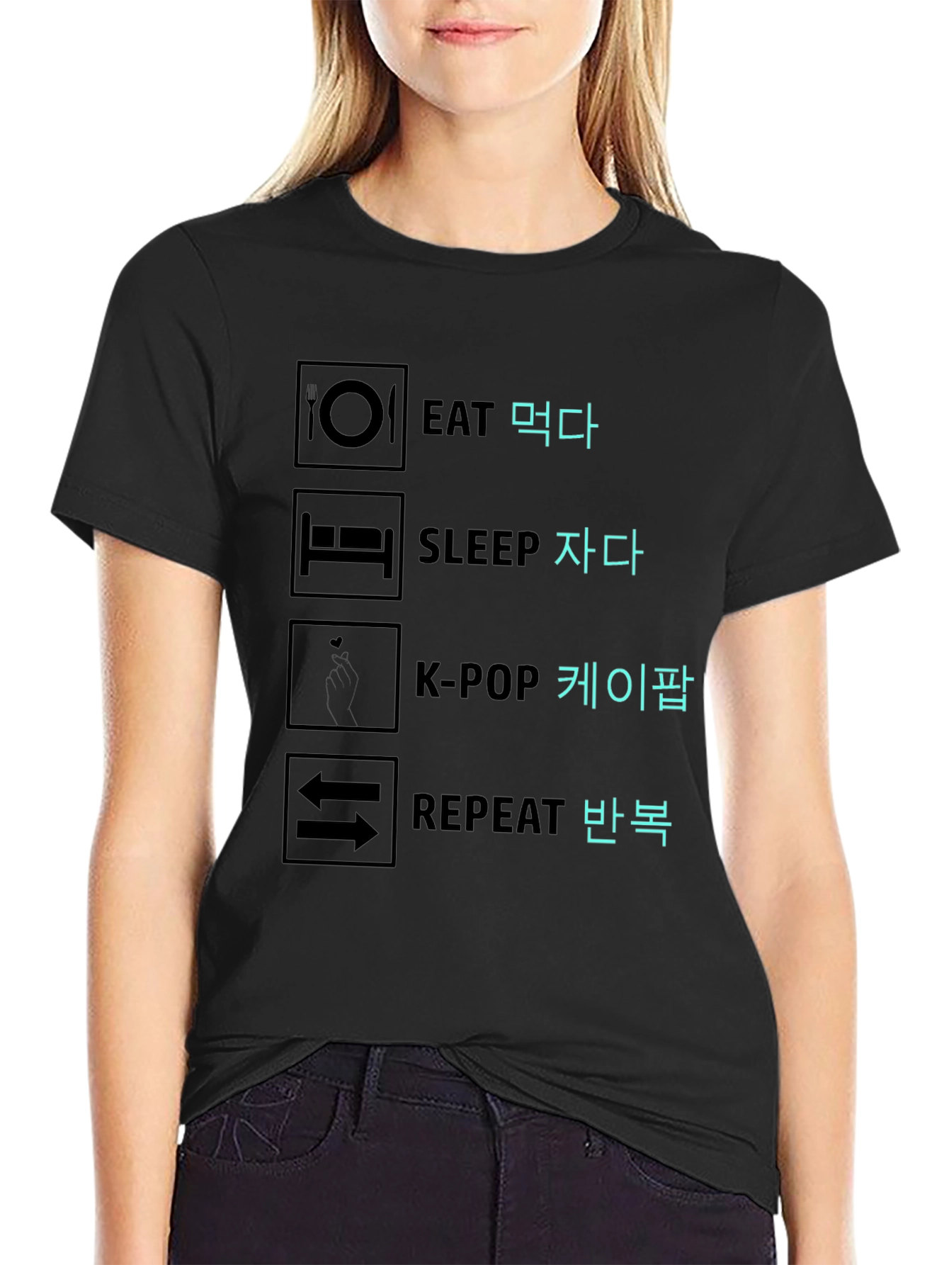 Black Eat Sleep K-Pop Repeat Graphic Tee view 2