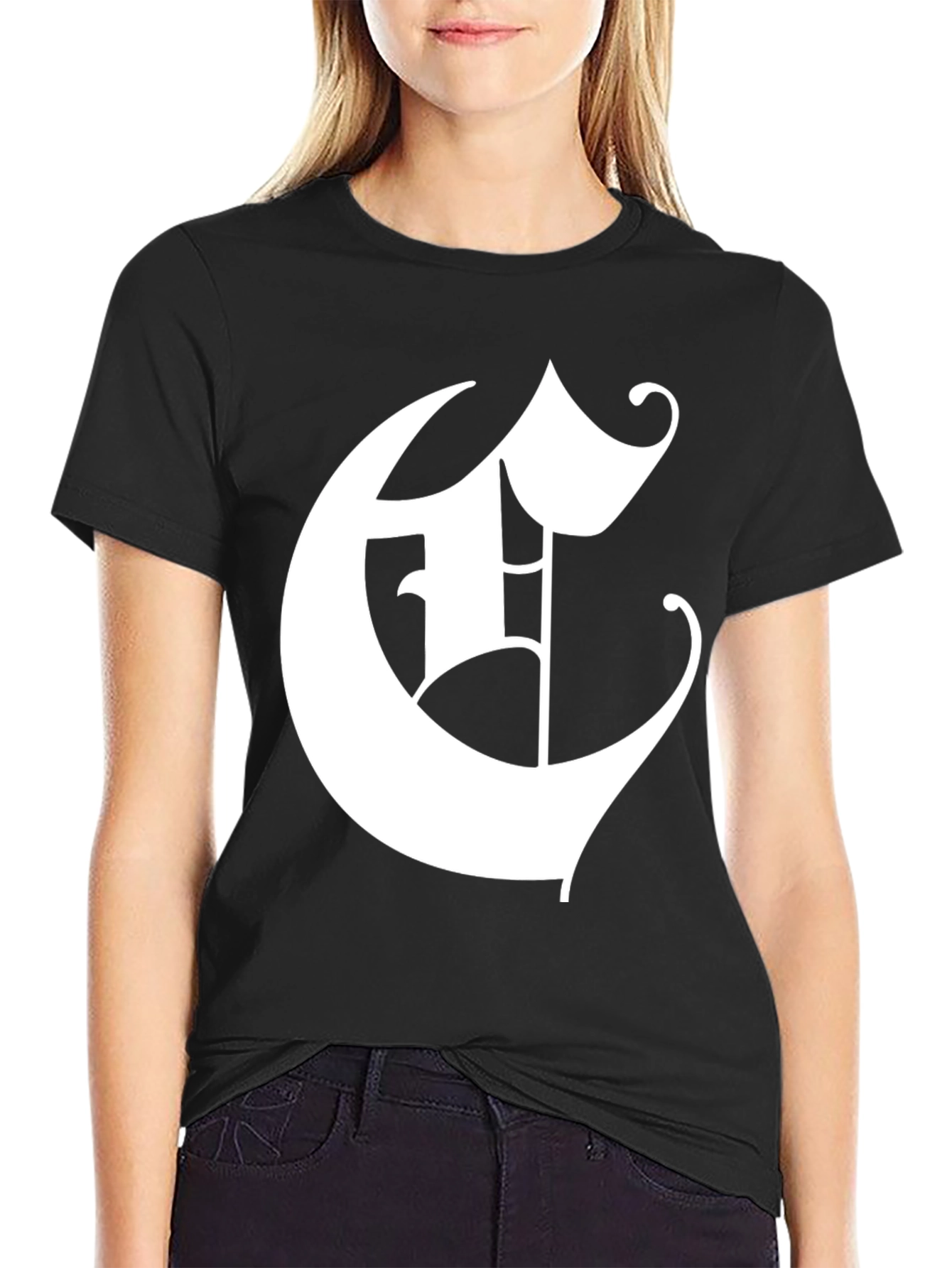 Black Bold Initial 'E' Graphic Tee - Black Cotton Blend view 2