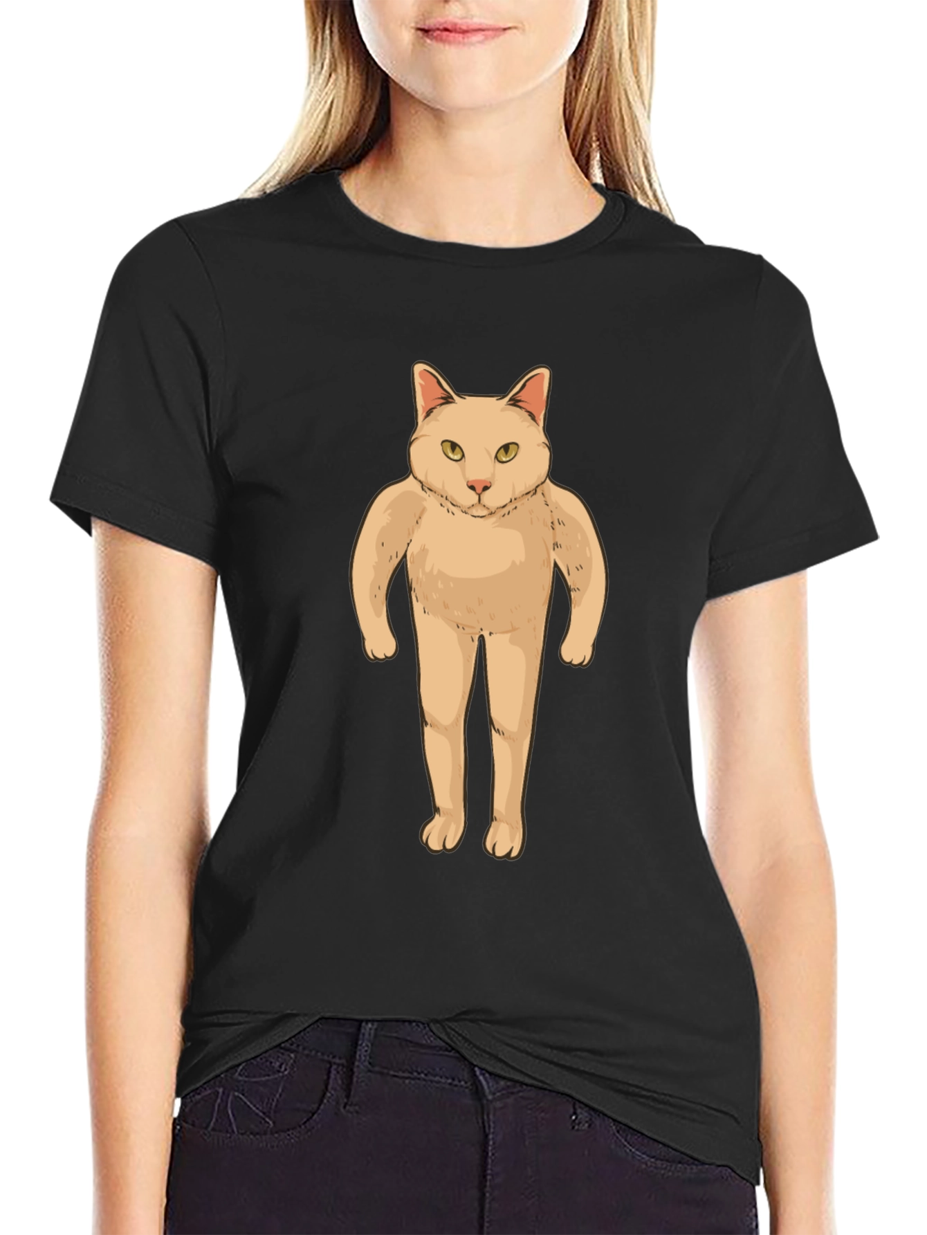 Black Funny Cat Man T-Shirt - Black Graphic Tee view 2