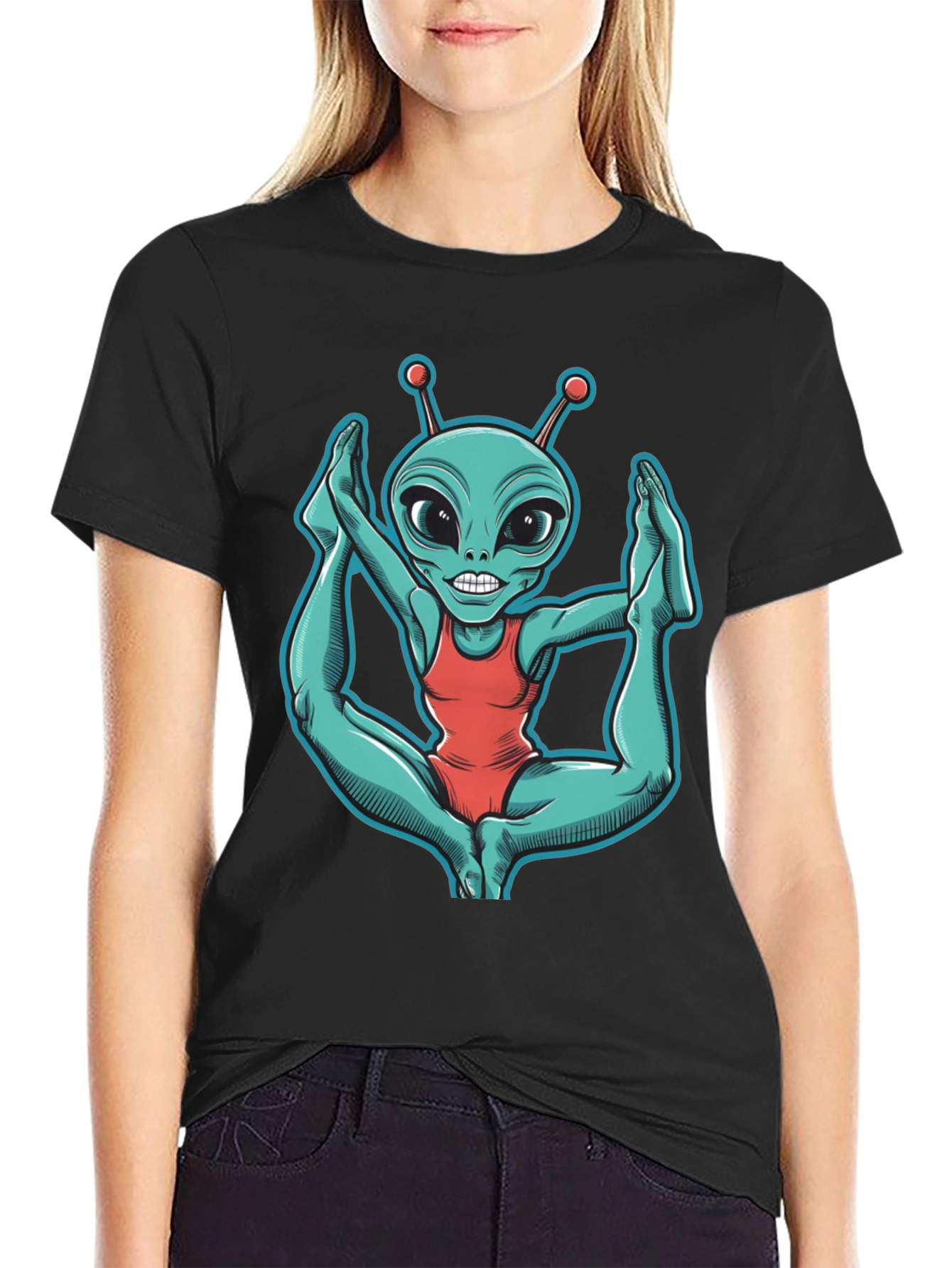 Black Alien Yoga T-Shirt - Funny Extraterrestrial Tee view 2