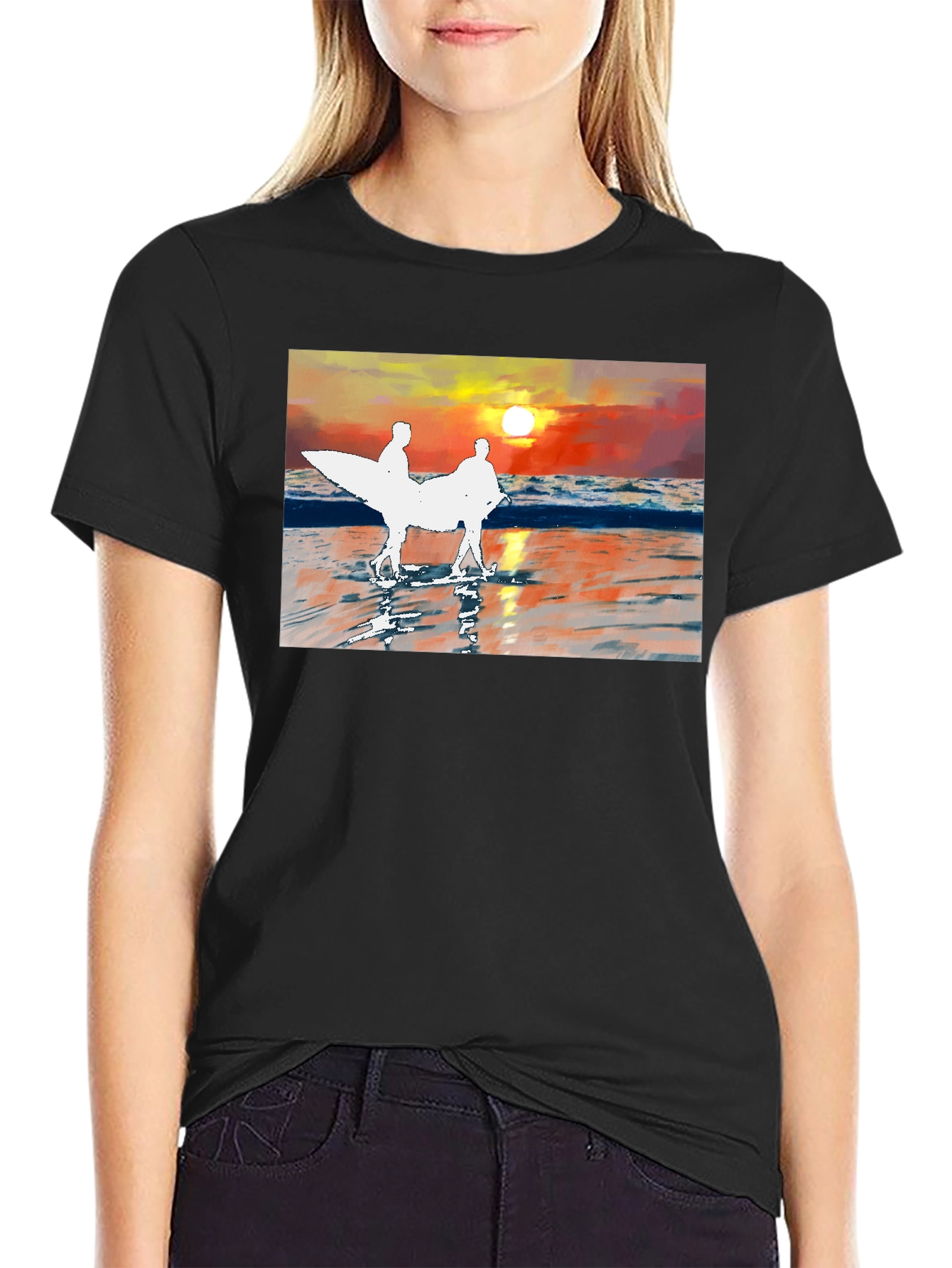 Black Sunset Surfer Graphic Tee - Black Cotton T-Shirt view 2