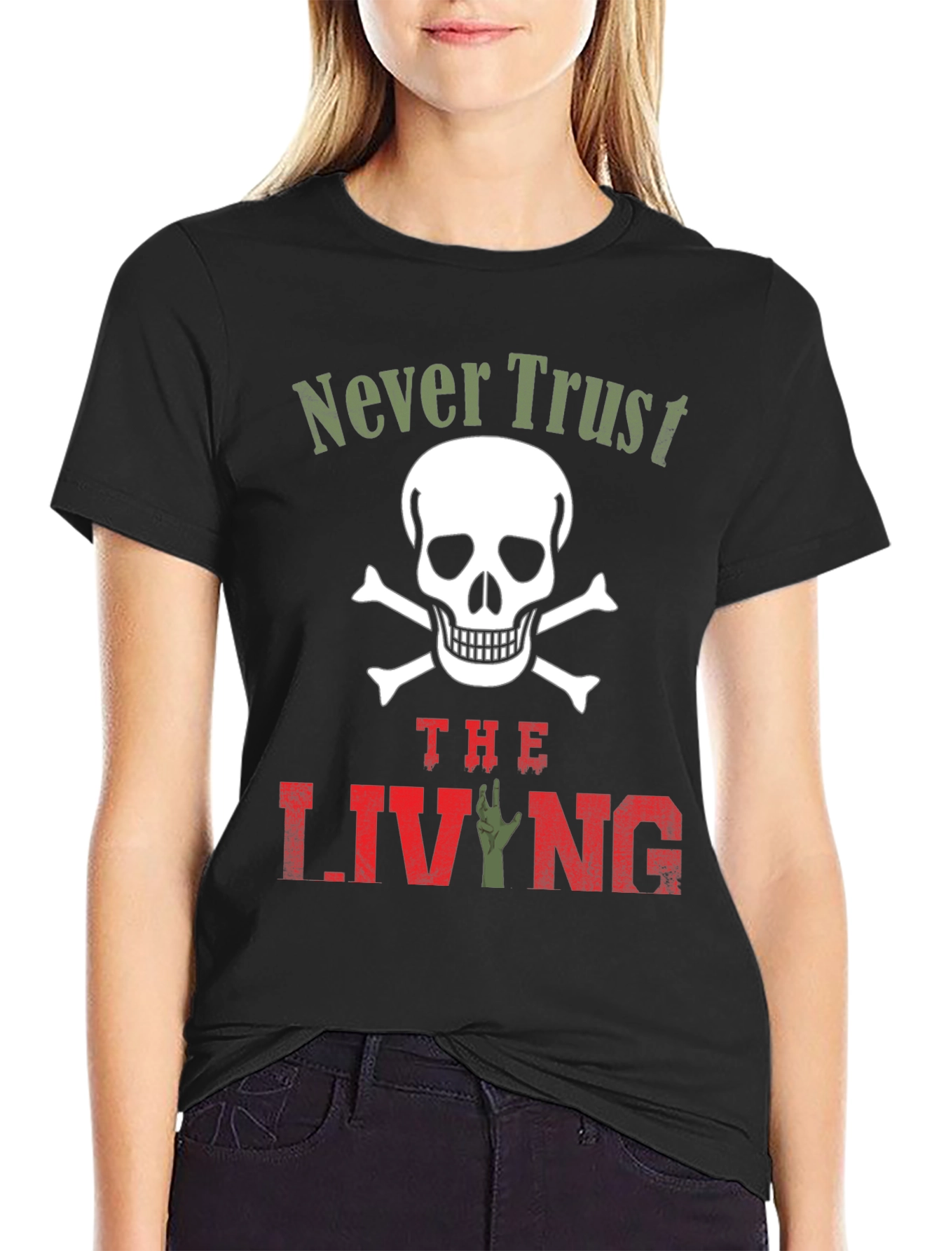 Black Never Trust the Living T-Shirt - Skull & Zombie Hand Design view 2