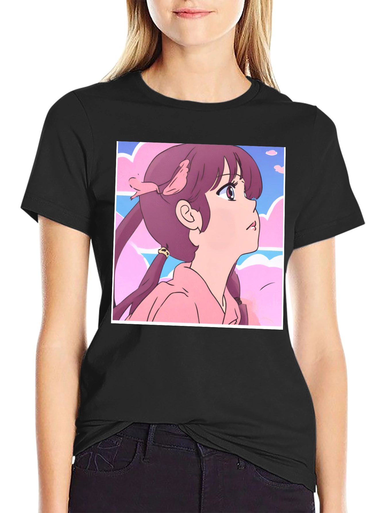 Black Anime Girl Graphic T-Shirt - Casual Black Tee view 2