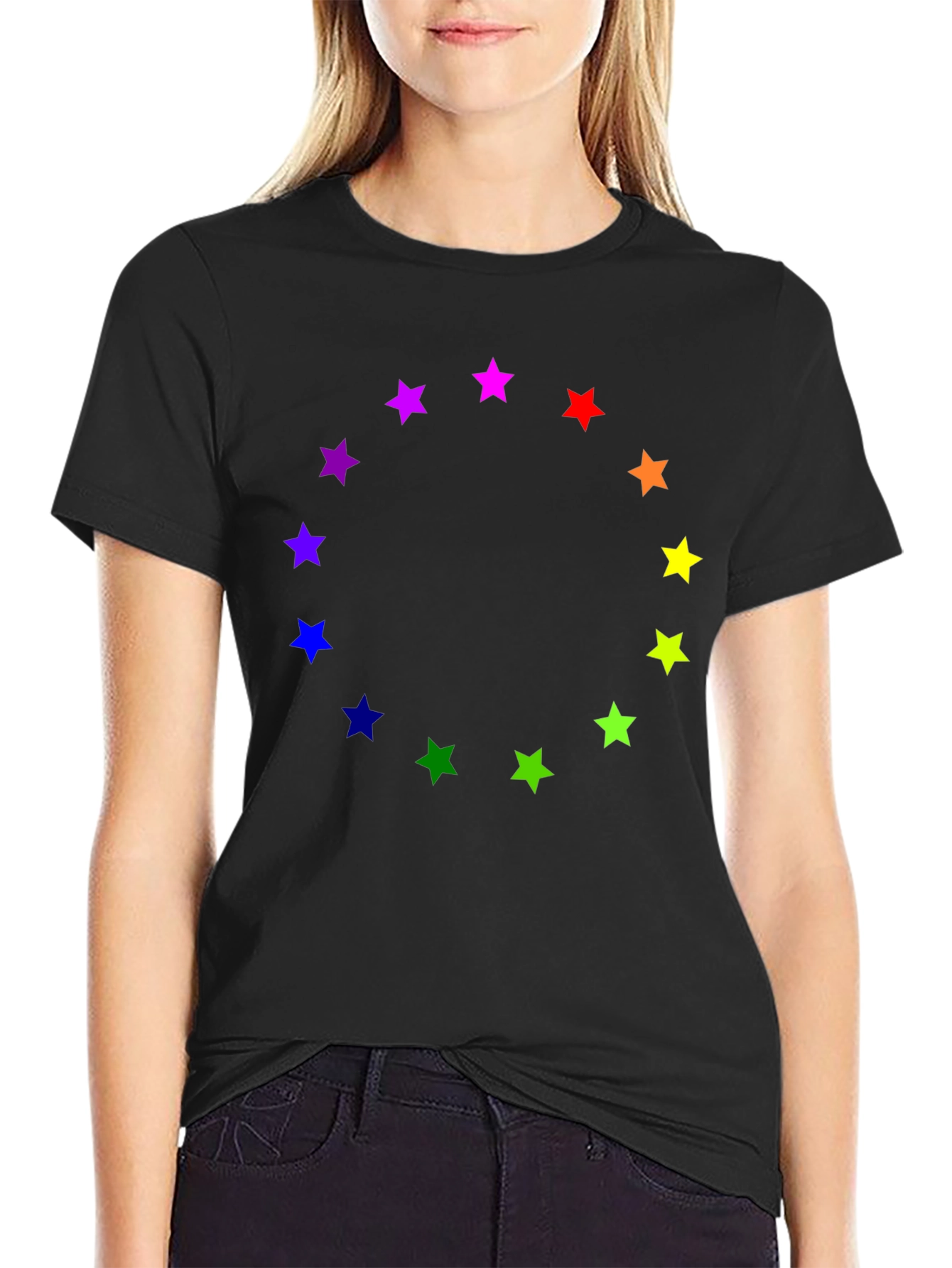 Black Rainbow Star Circle Black T-Shirt view 2