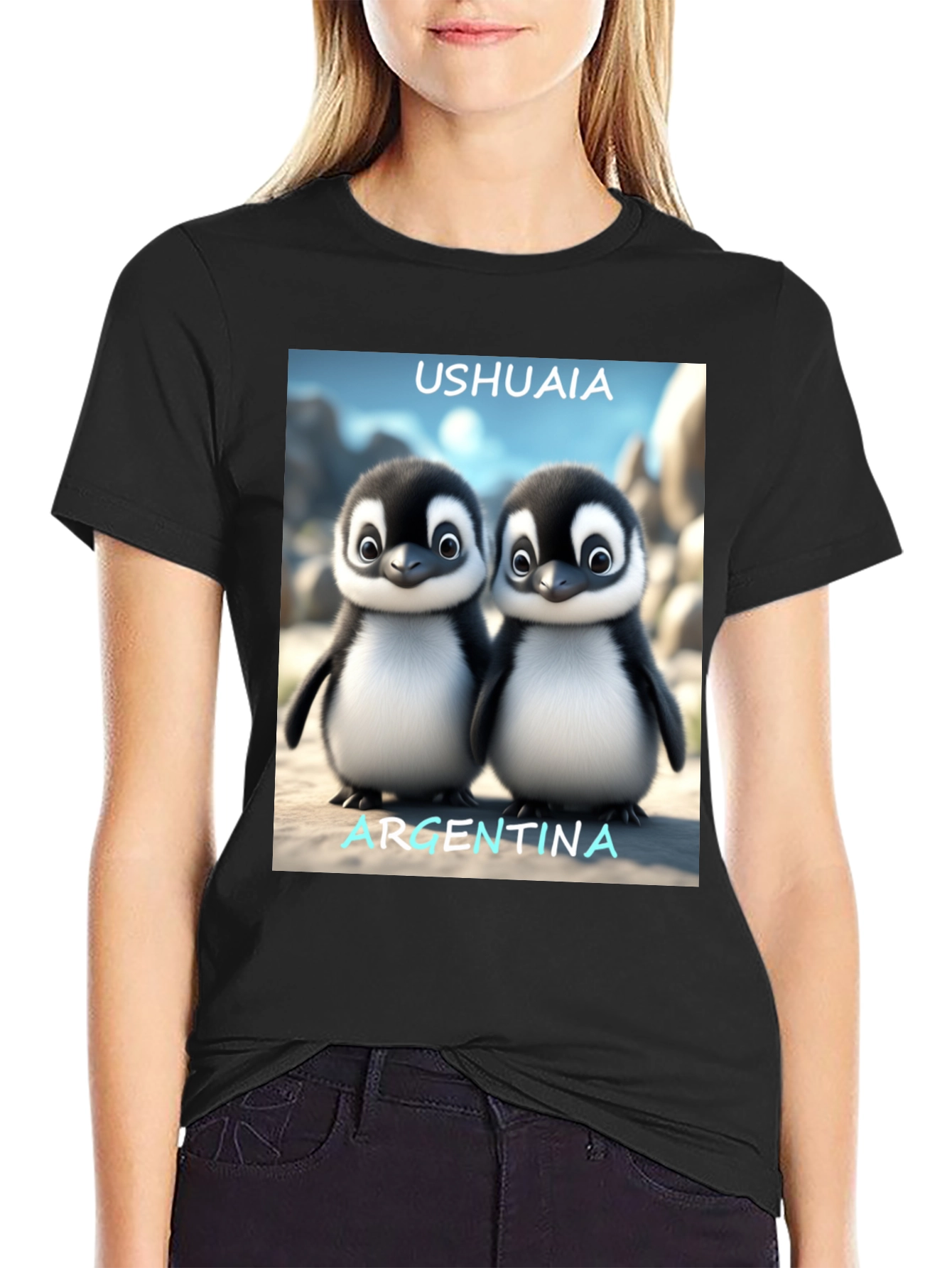 Black Ushuaia Argentina Penguin Tee - Black view 2