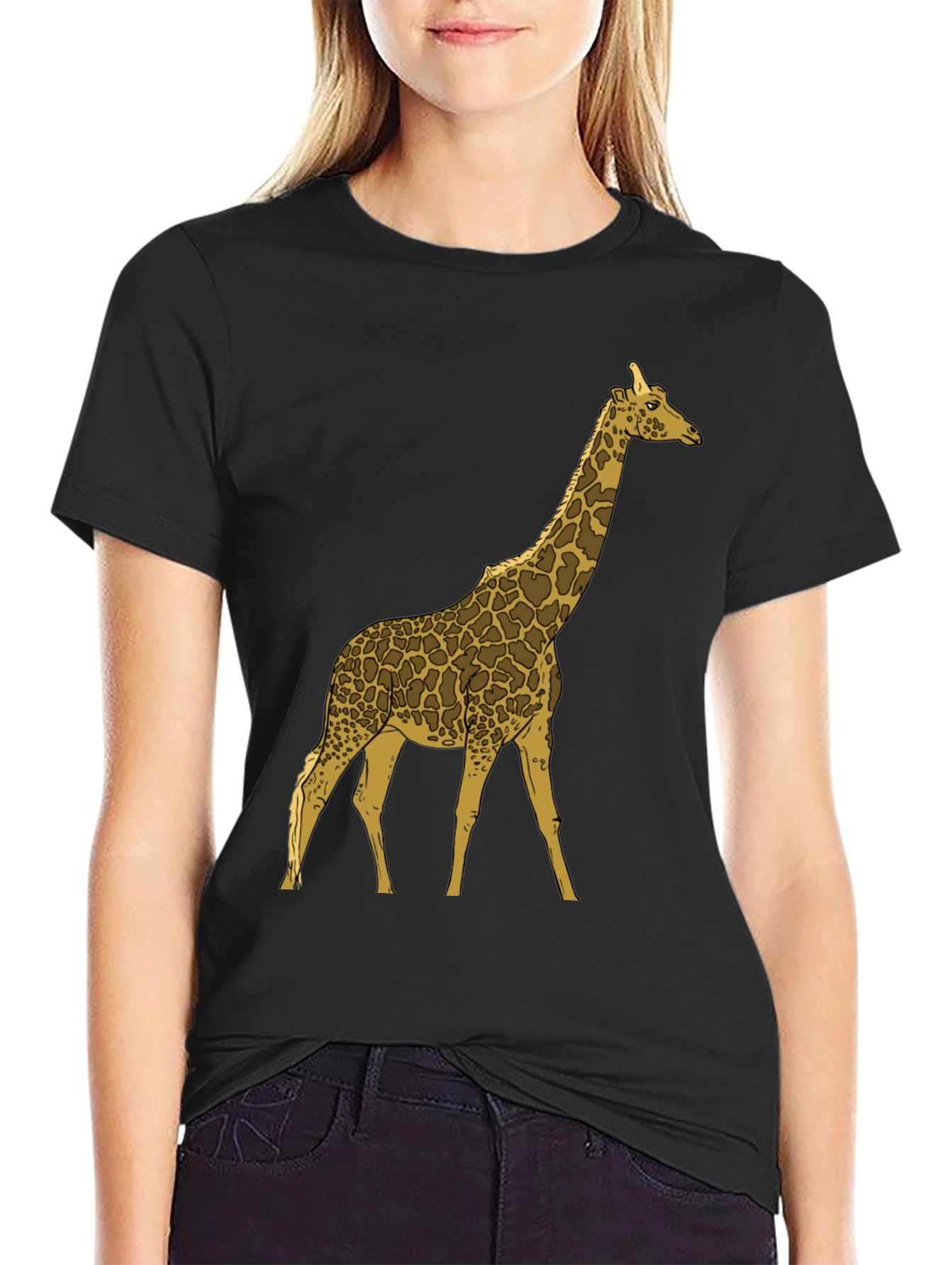 Black Giraffe Graphic Print Black Crew Neck T-Shirt view 2