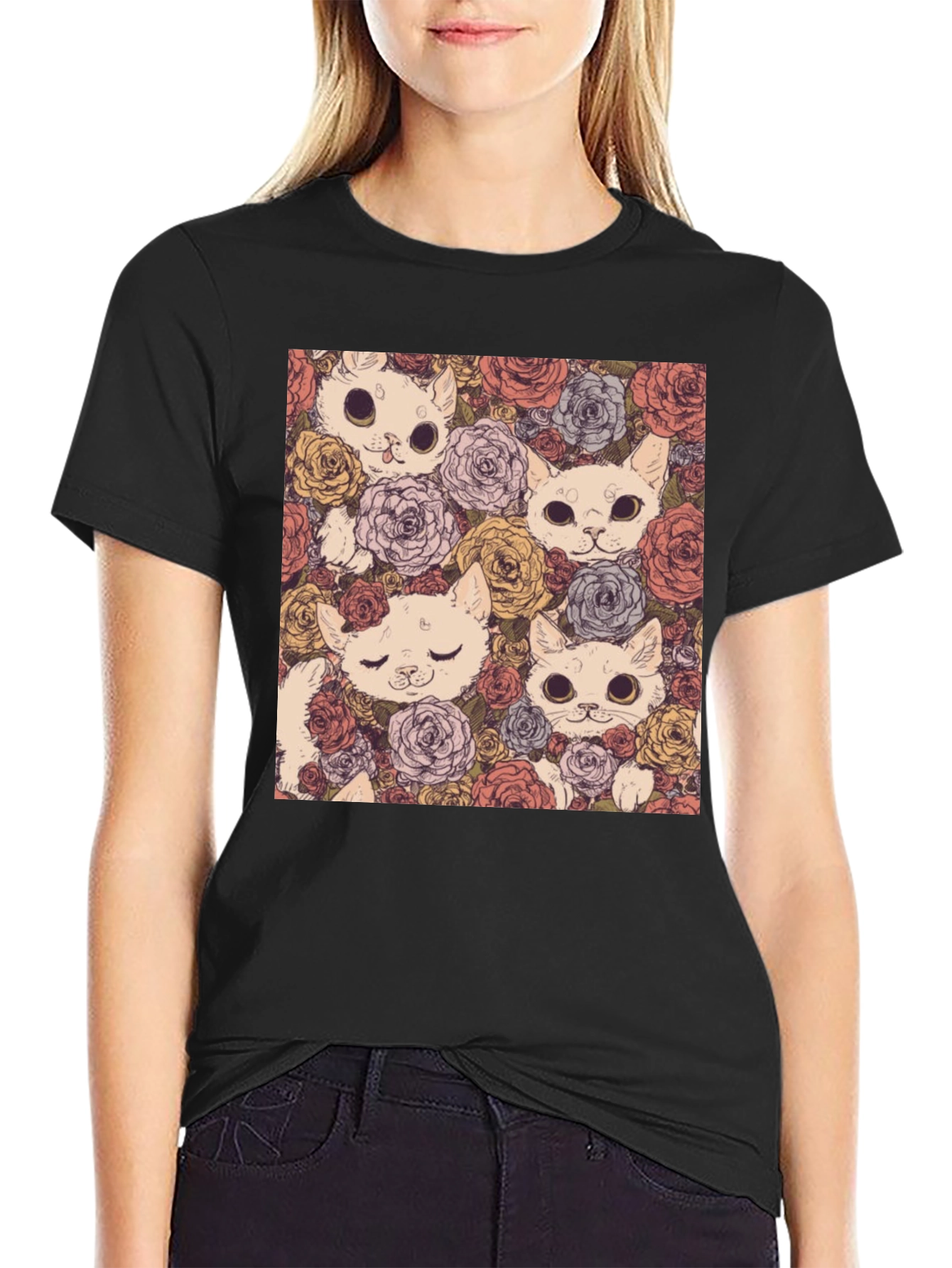 Black Floral Cat Print Black T-Shirt view 2