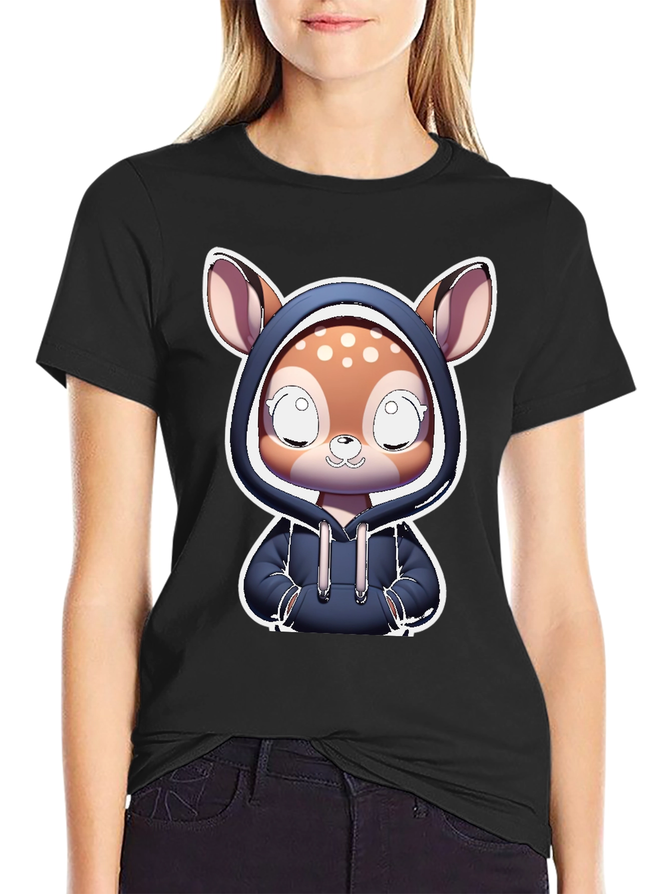 Black Cute Deer Hoodie T-Shirt view 2