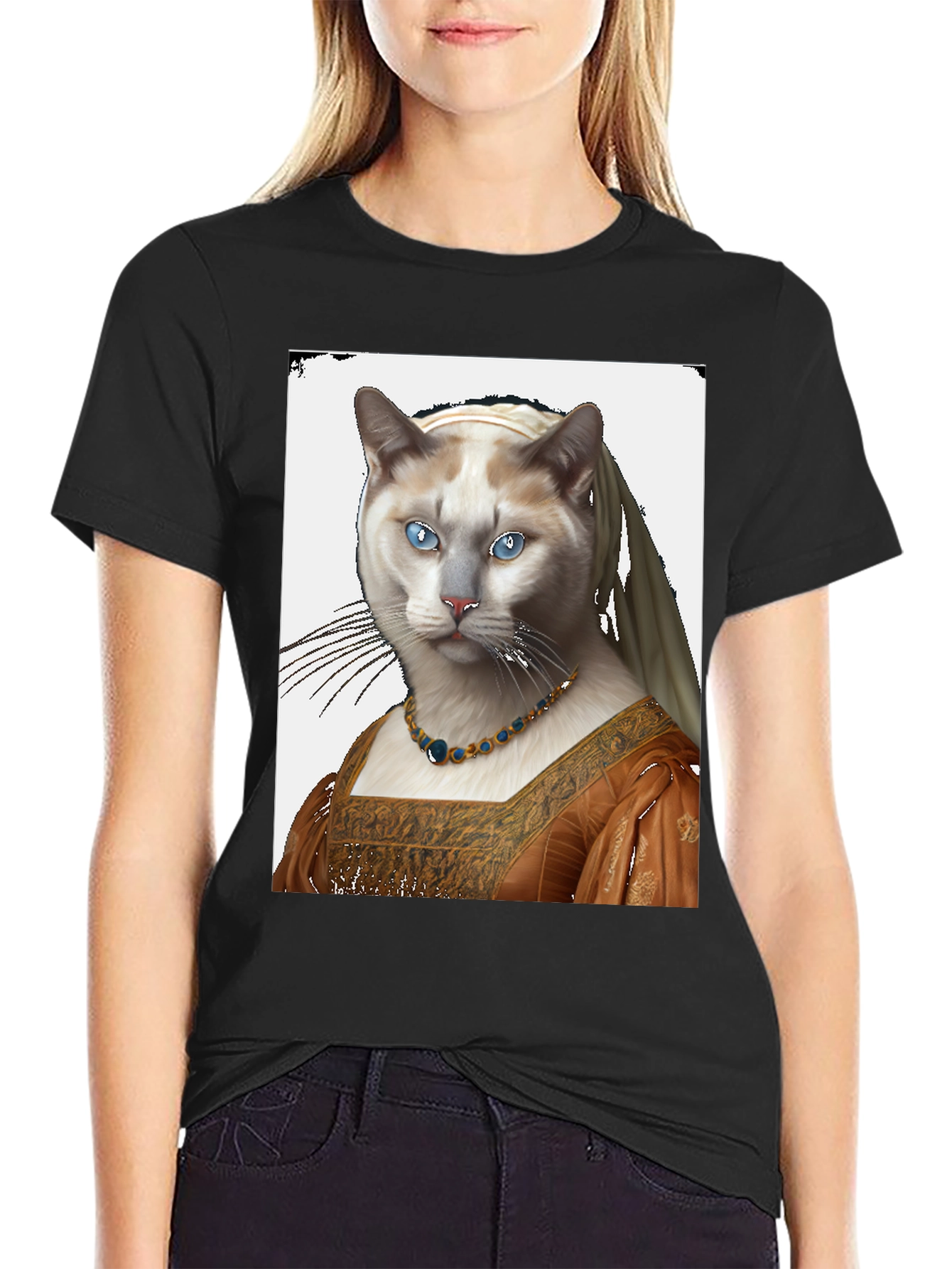 Black Cat with Pearl Earring T-Shirt view 2
