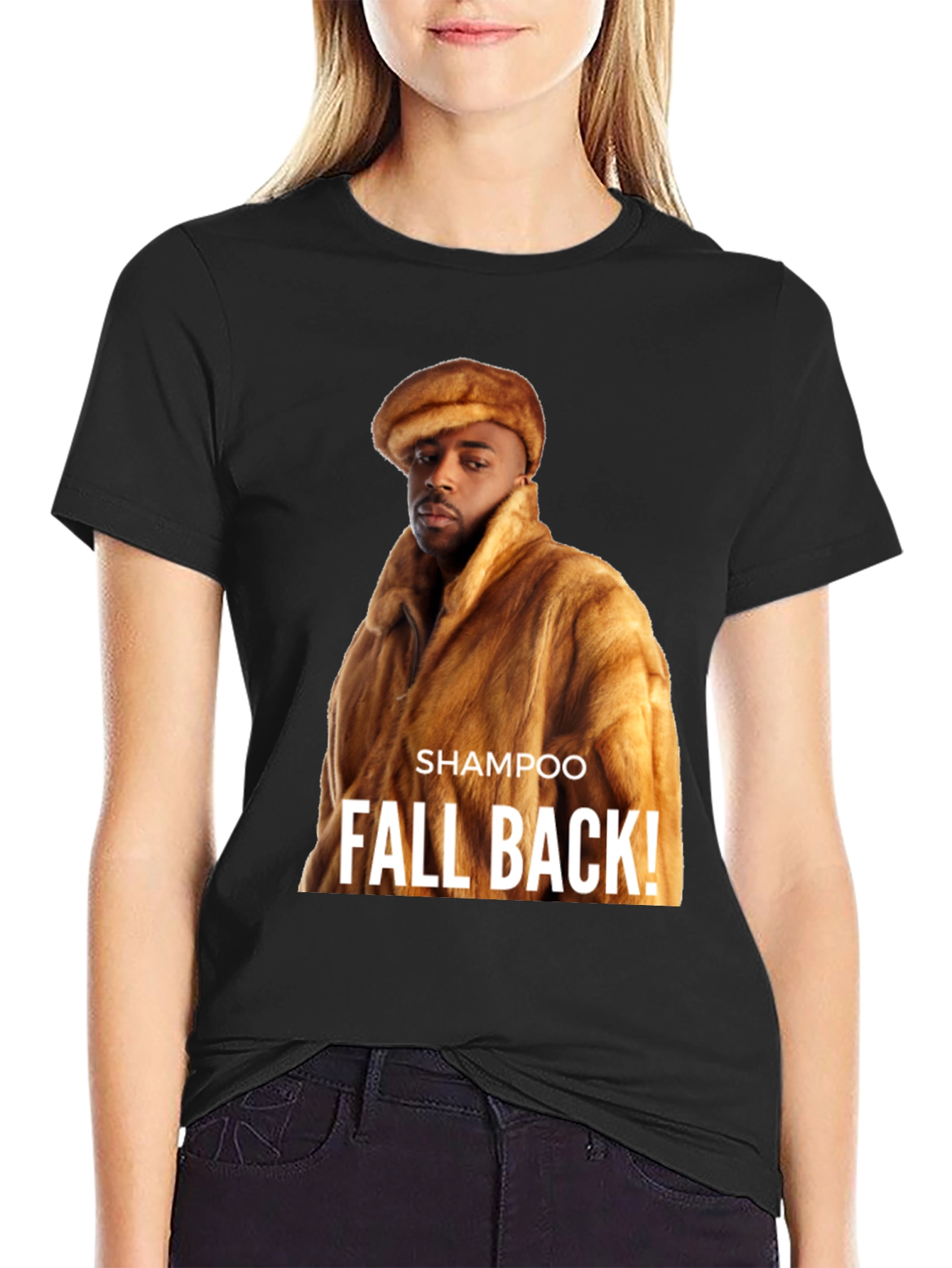 Black "Shampoo Fall Back!" Graphic T-Shirt view 2