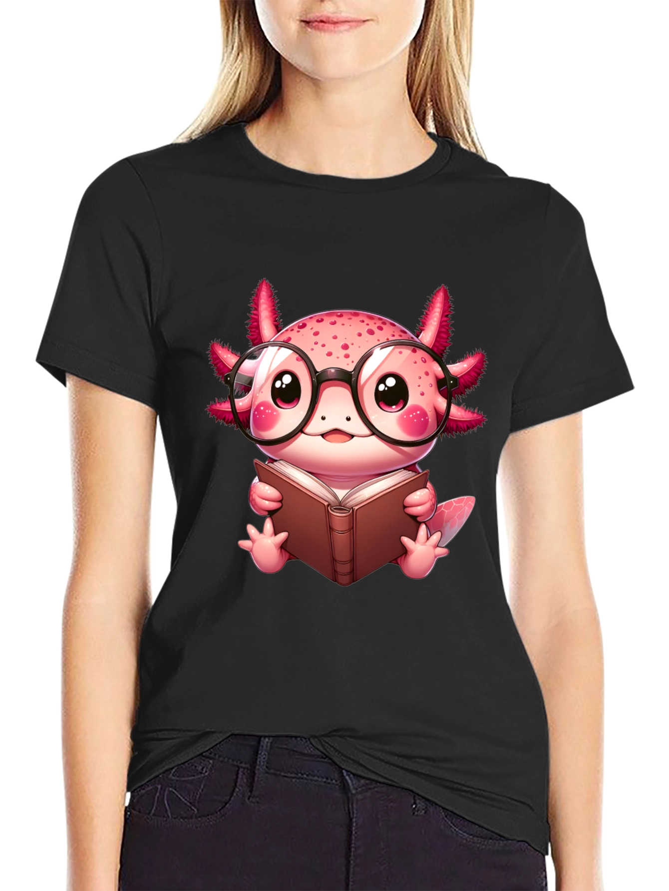 Black Axolotl Reader T-Shirt - Cute Nerdy Axolotl Reading Book Tee view 2