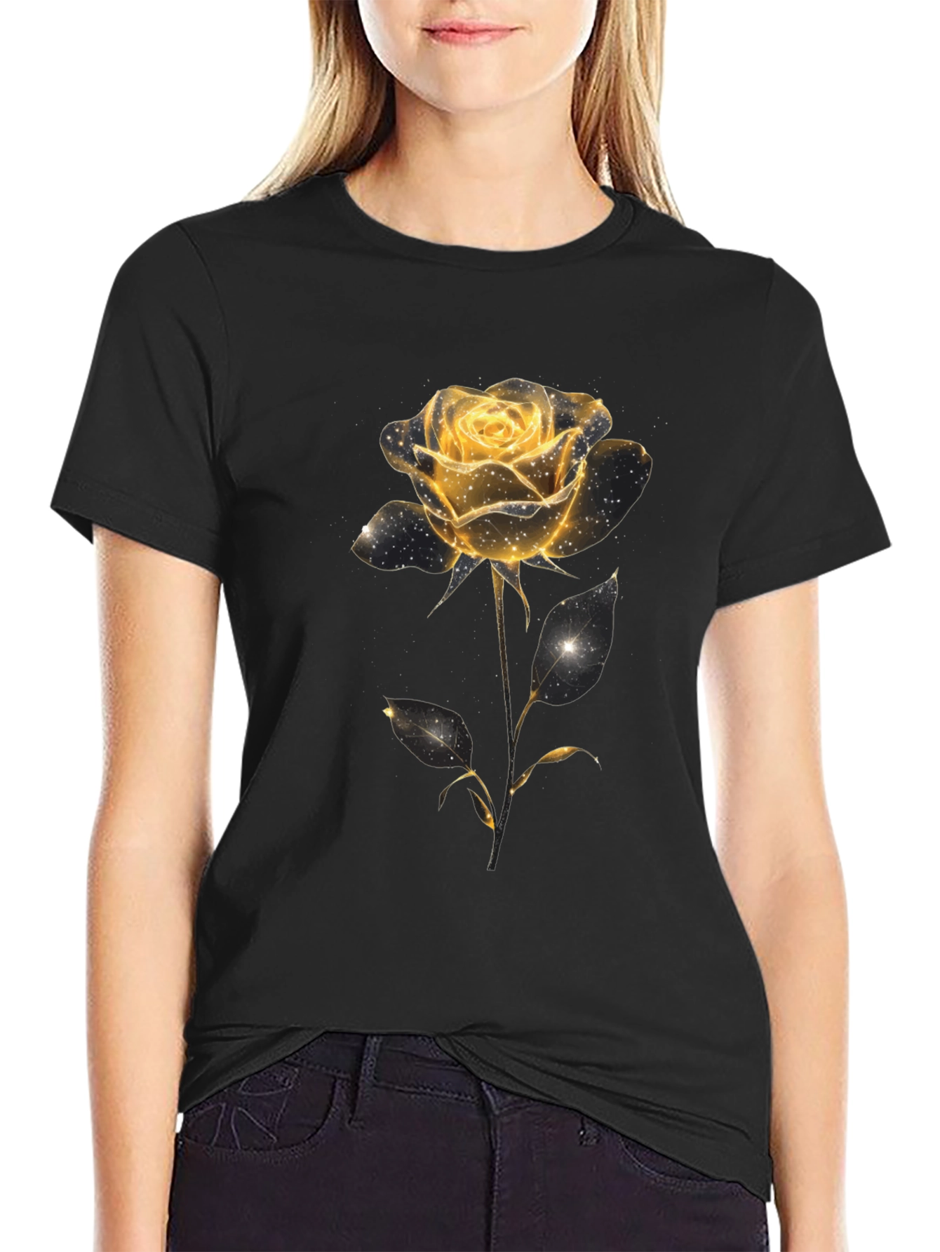 Black Golden Rose Graphic Tee - Black Cotton Blend view 2