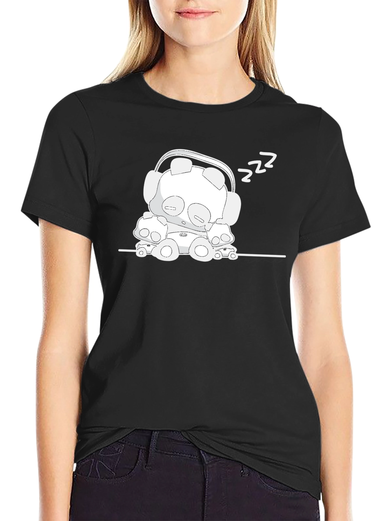 Black Sleepy Robot Graphic Black T-Shirt view 2