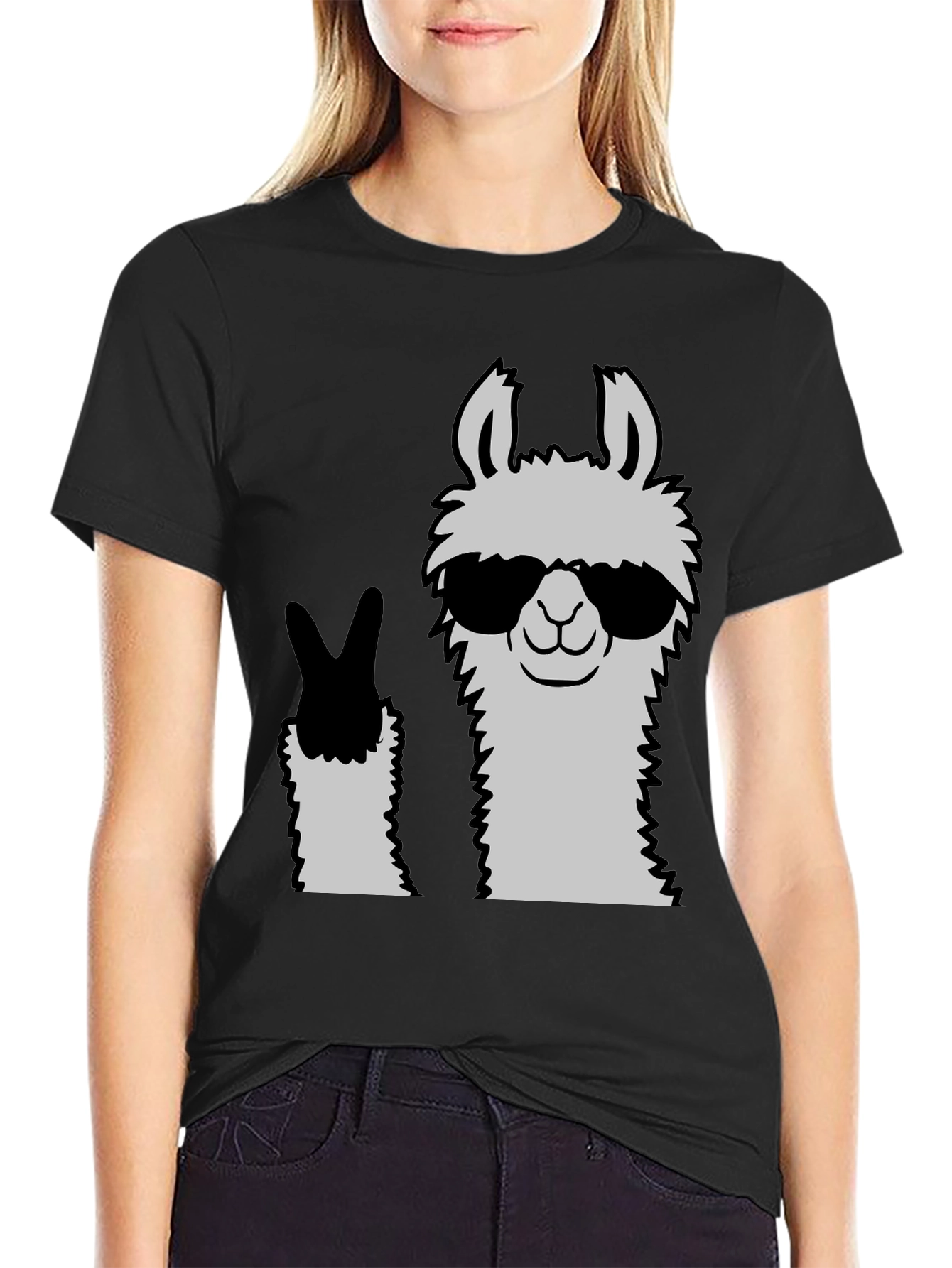 Black Cool Llama Peace Sign Black T-Shirt view 2