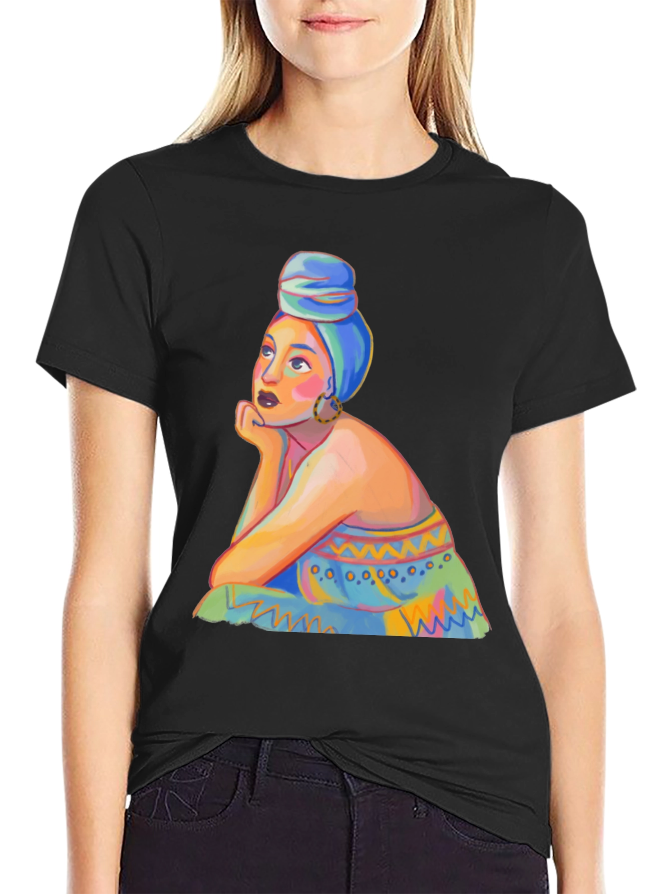 Black Vibrant Woman Portrait Graphic Tee - Stylish Black T-Shirt view 2