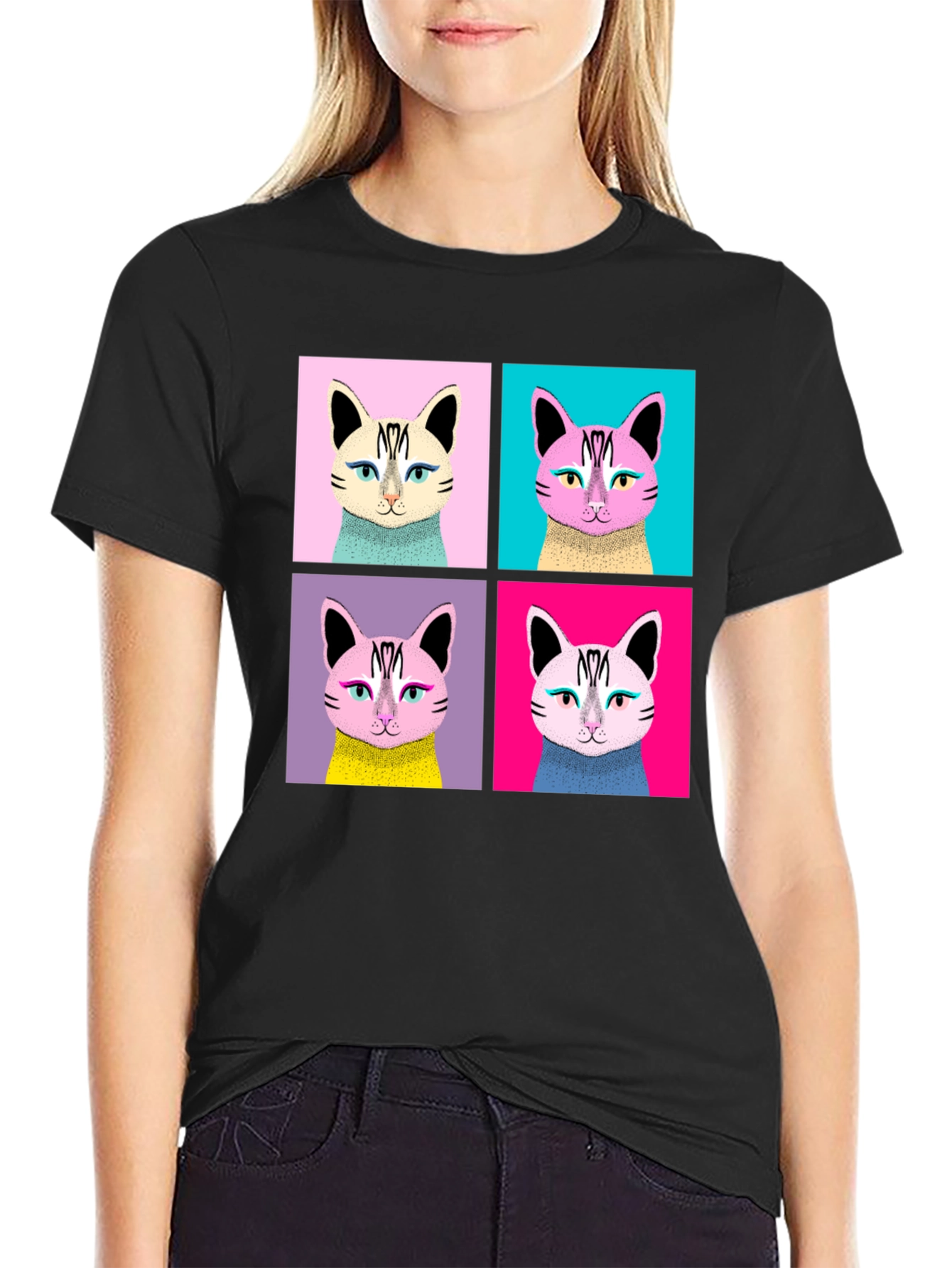 Black Pop Art Cat Graphic Black T-Shirt view 2