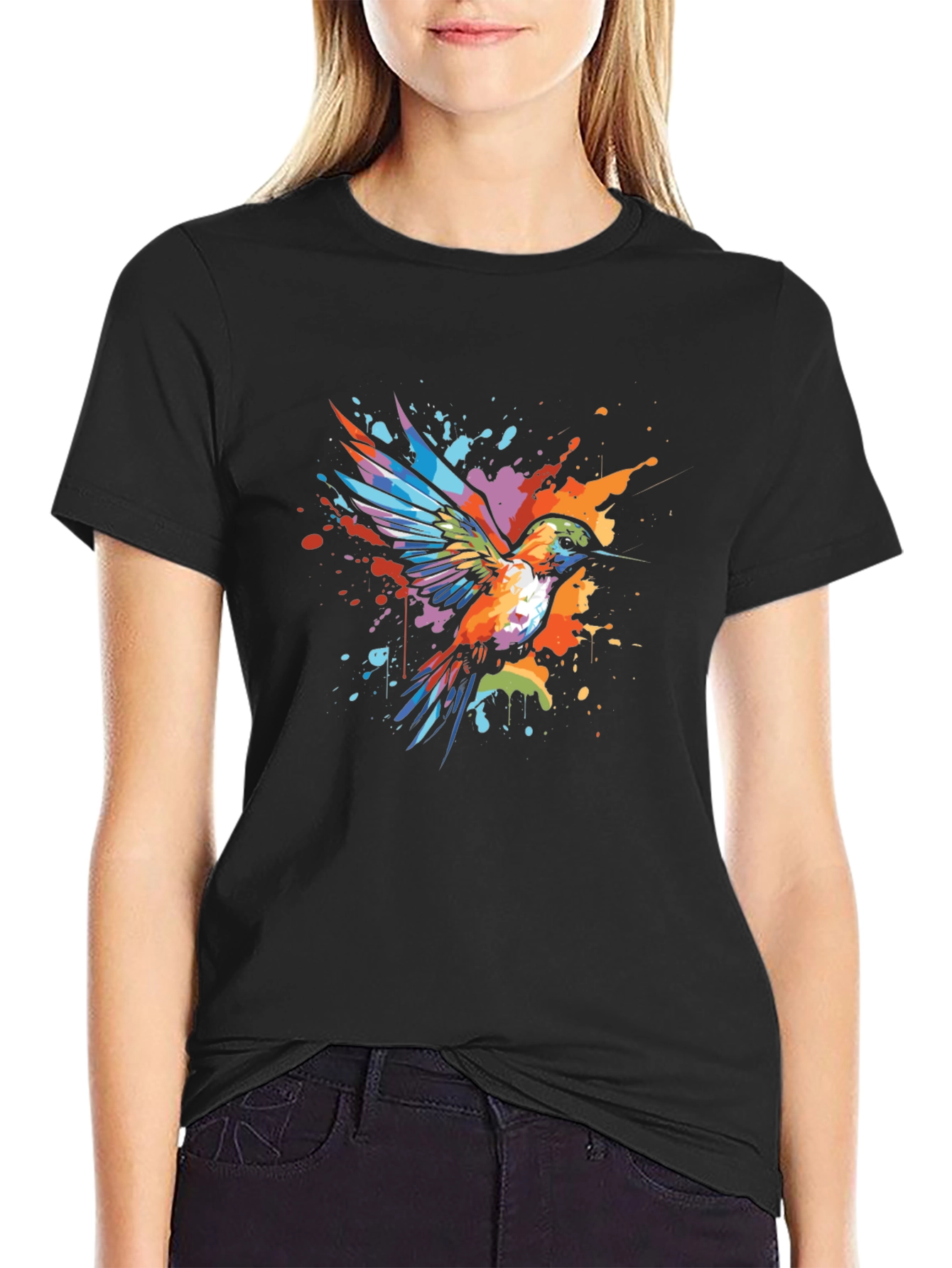 Black Hummingbird Splatter Art Graphic Tee - Unique Design view 2