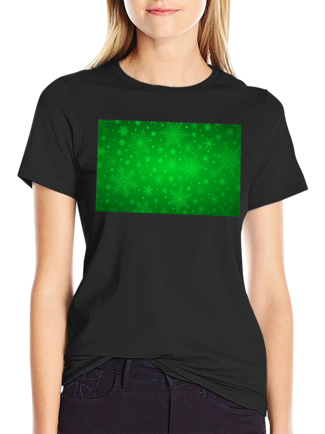 Black Green Snowflakes Pattern Black T-Shirt view 2