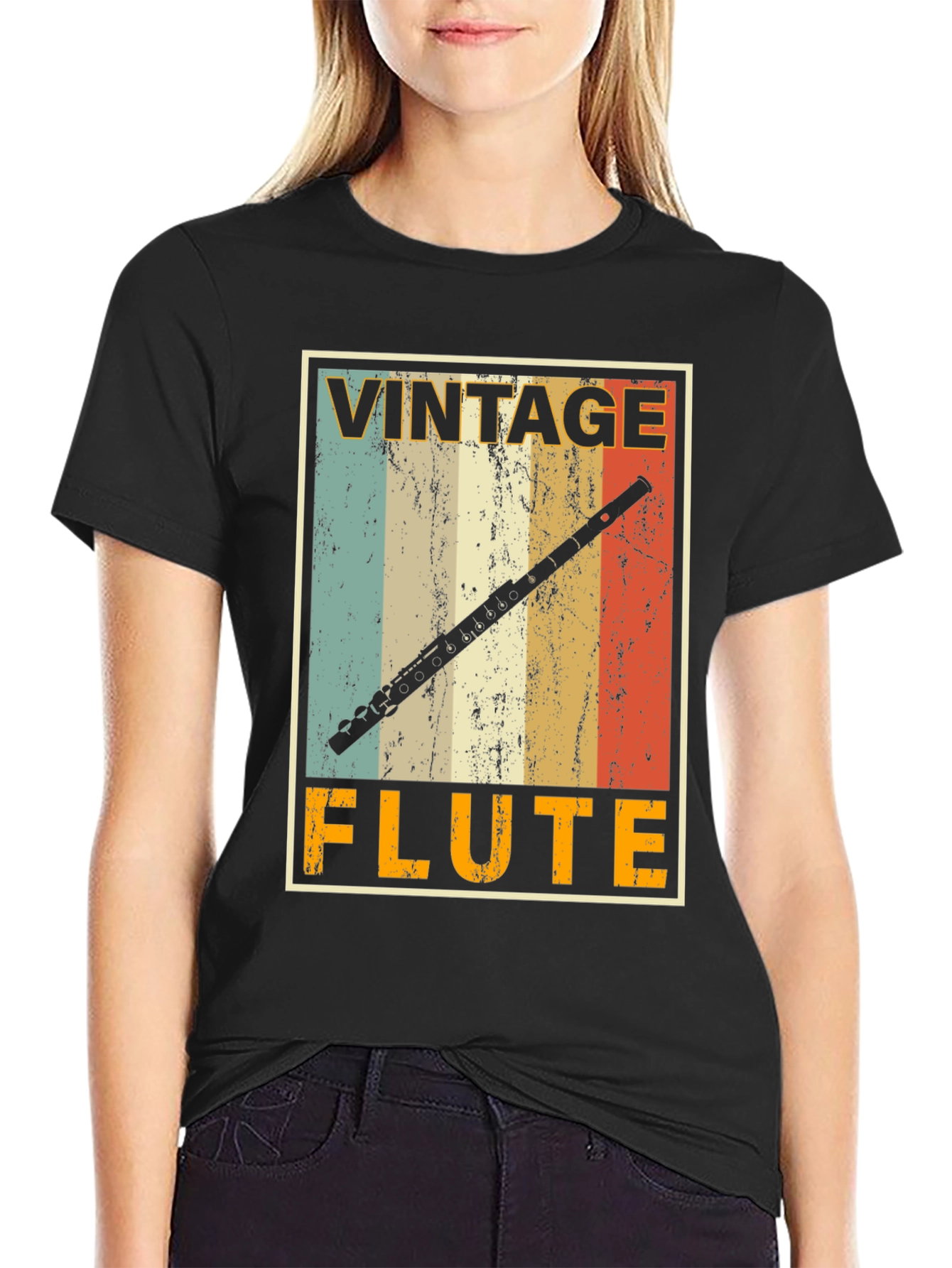 Black Vintage Flute T-Shirt - Musician's Retro Style Tee view 2
