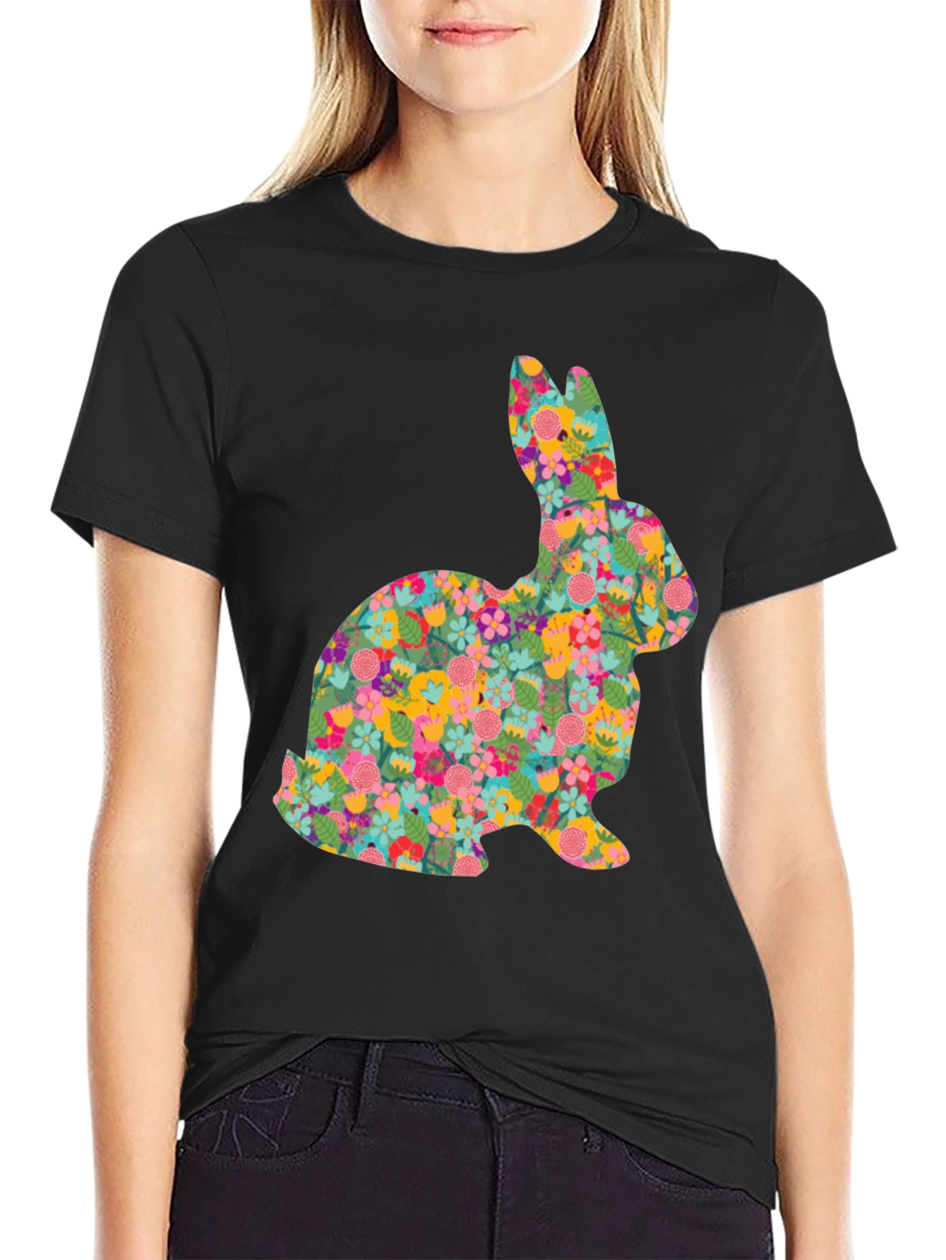 Black Floral Bunny Graphic Tee - Black Cotton Casual Shirt view 2