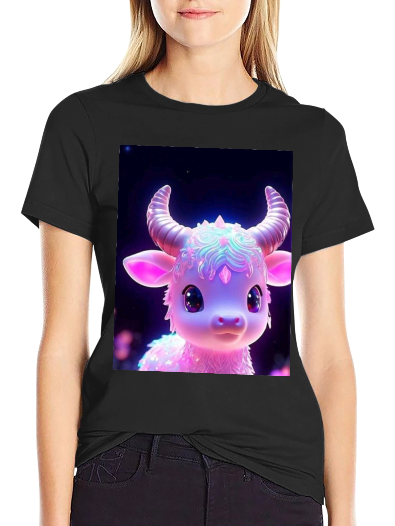 Black Cute Cartoon Cow Graphic Tee - Black view 2