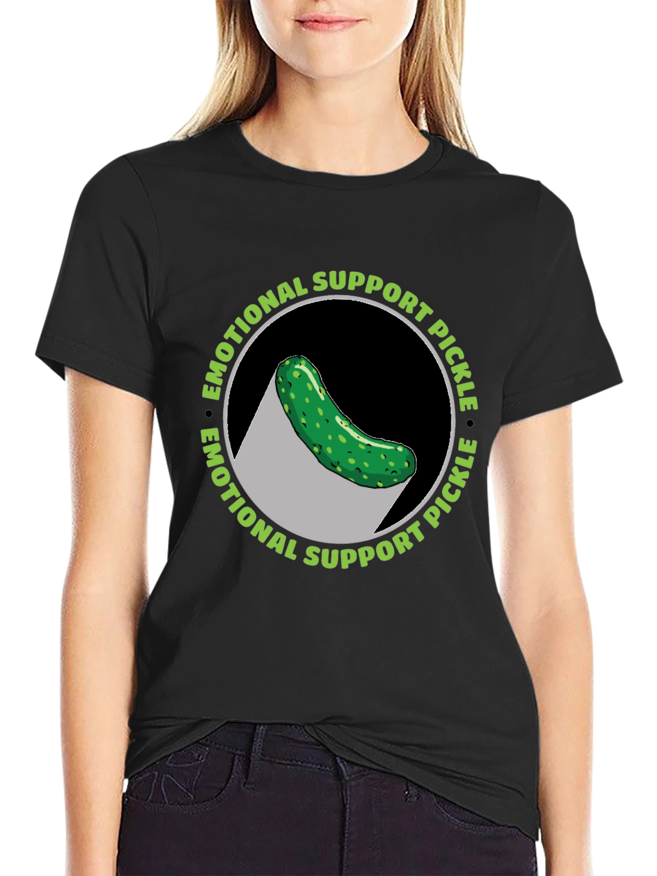 Black Emotional Support Pickle T-Shirt - Funny Graphic Tee view 2
